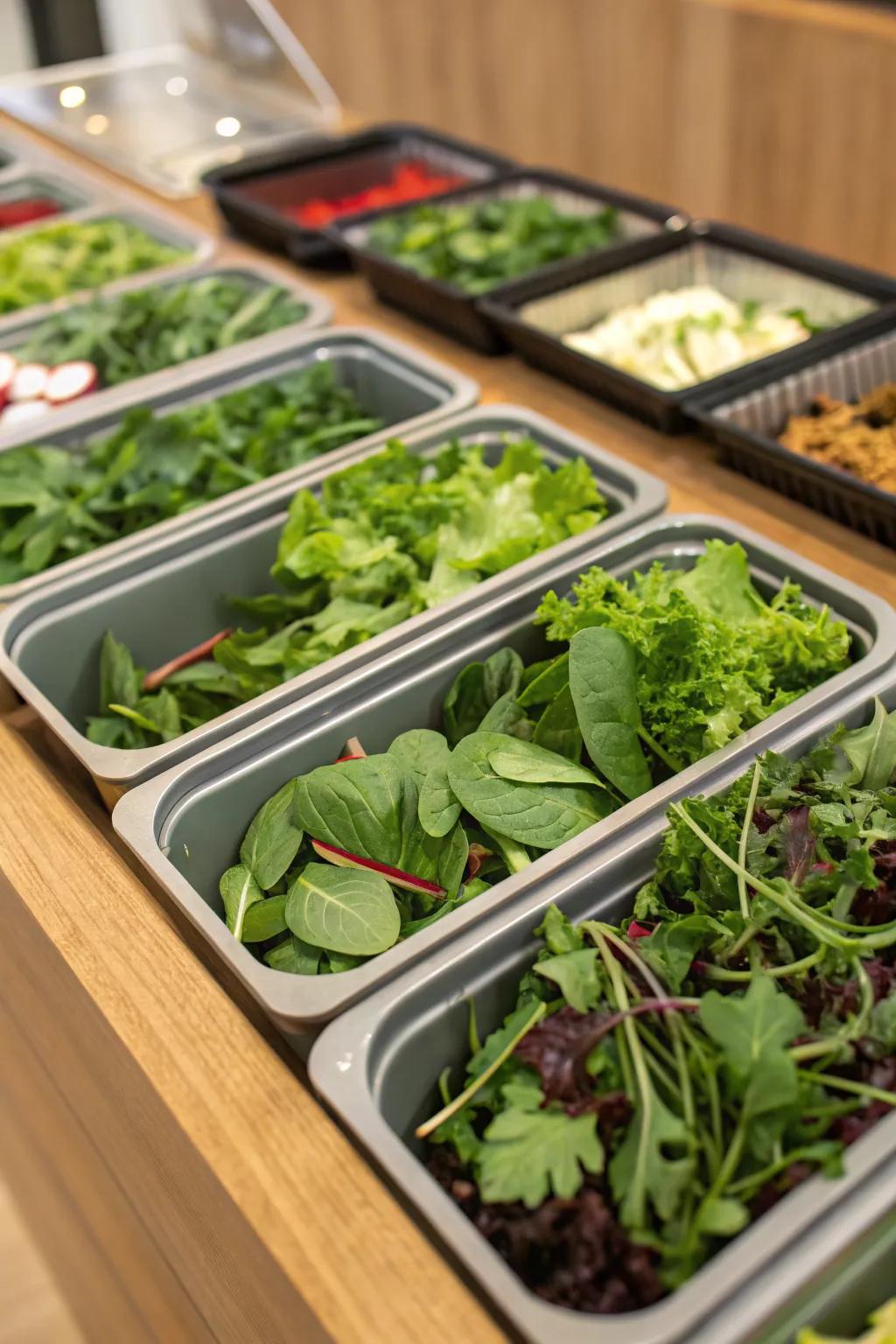 A mini salad bar with a variety of fresh, homegrown greens.