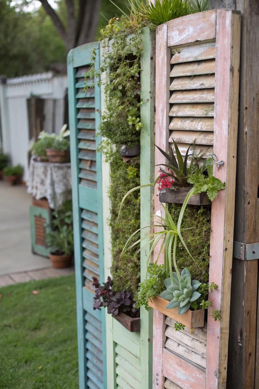 Old shutters repurposed into a vertical garden, showcasing air plants and succulents.