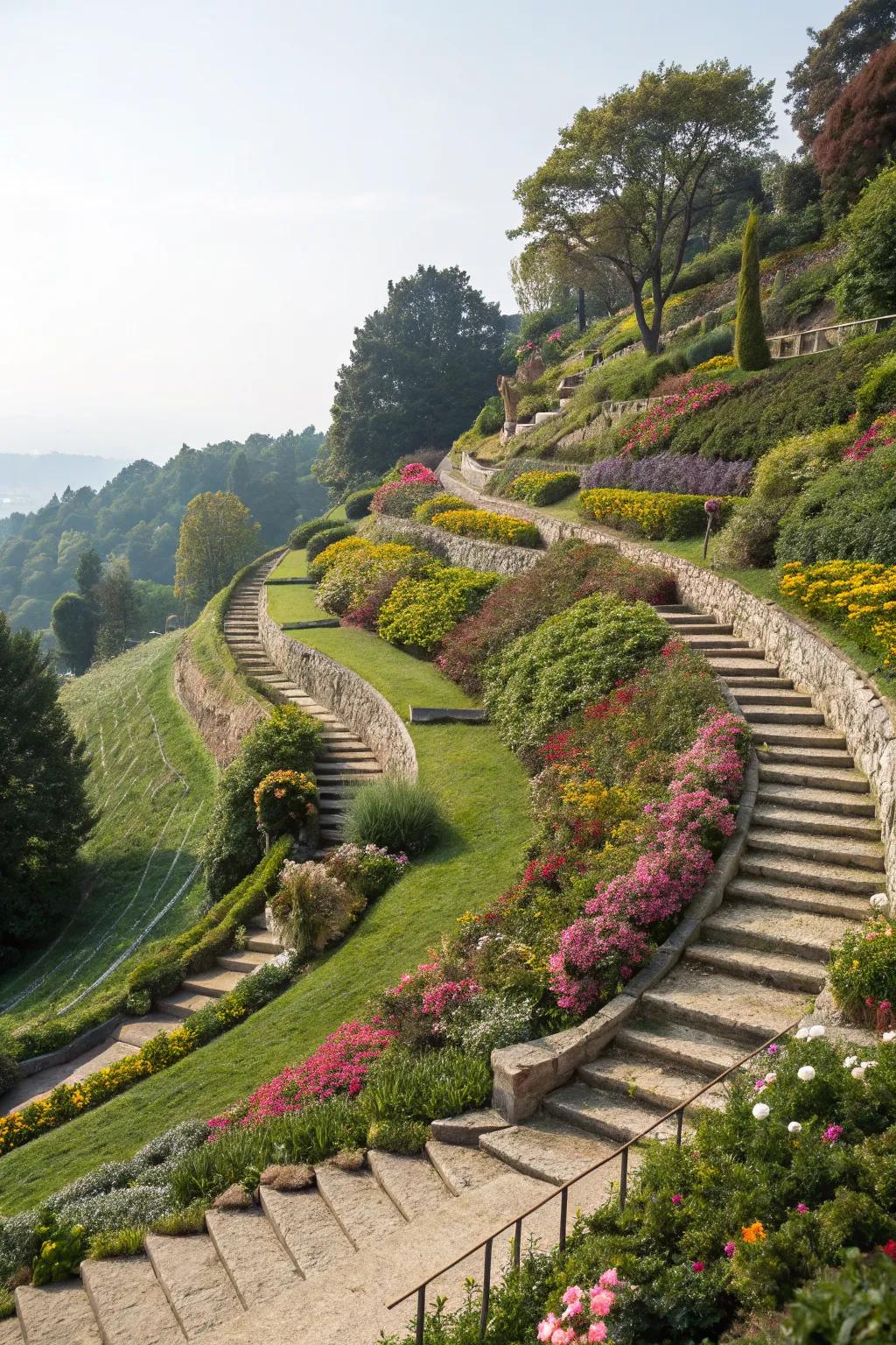 Terraced gardens offer structure and variety on sloped landscapes.