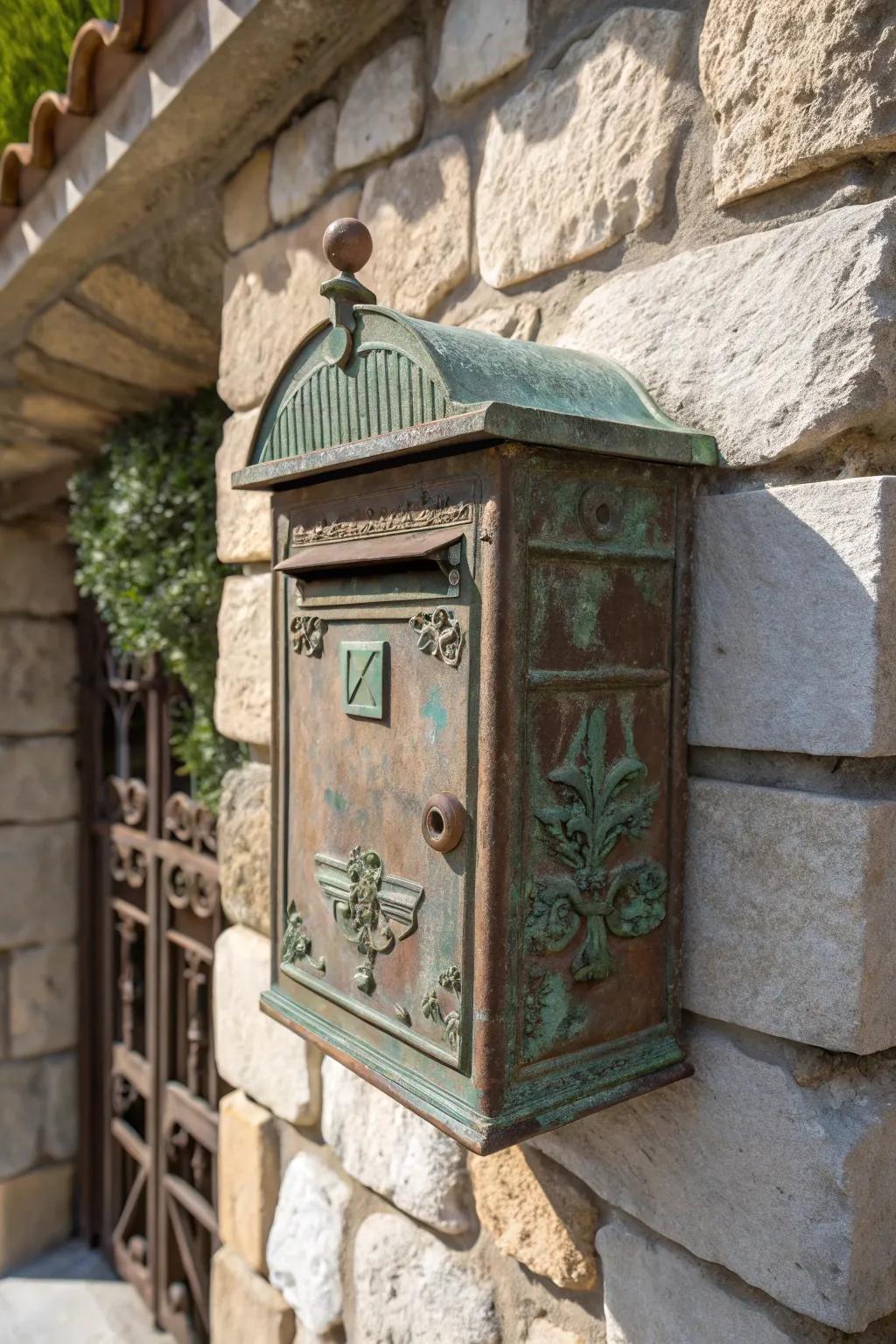 An antique-finished mailbox that adds historical charm.