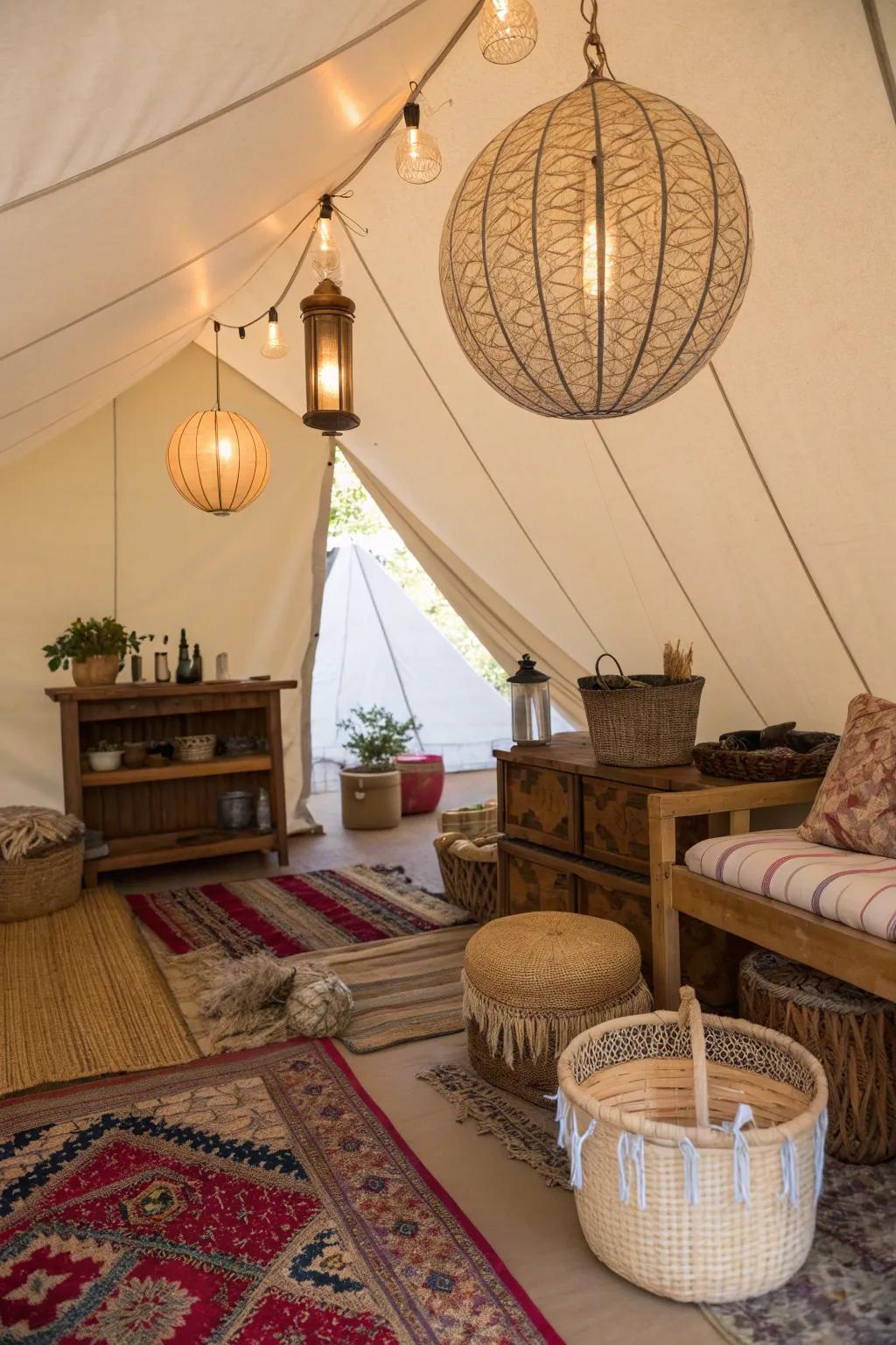 DIY lanterns and decor add a unique personal touch to this wall tent.