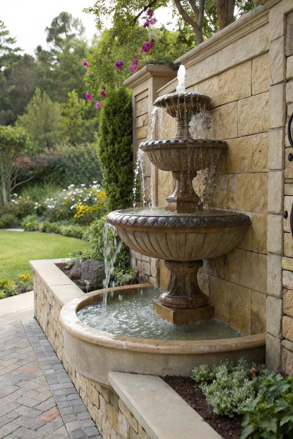 A vertical trough fountain creating an unexpected garden feature.