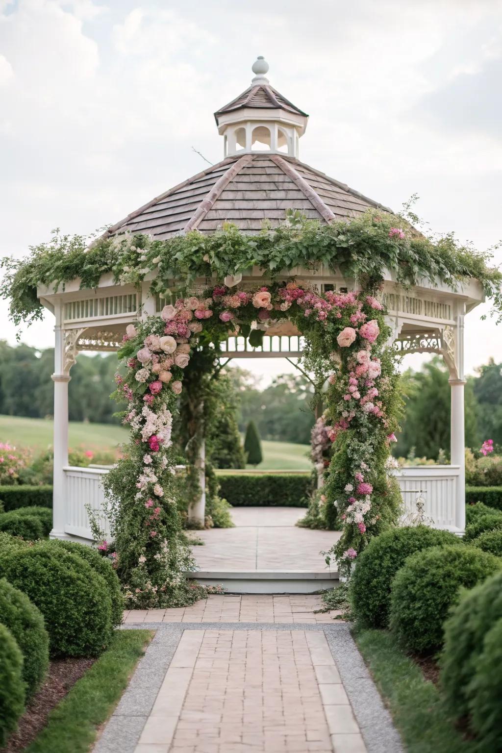 A floral archway sets a magical tone for this gazebo.