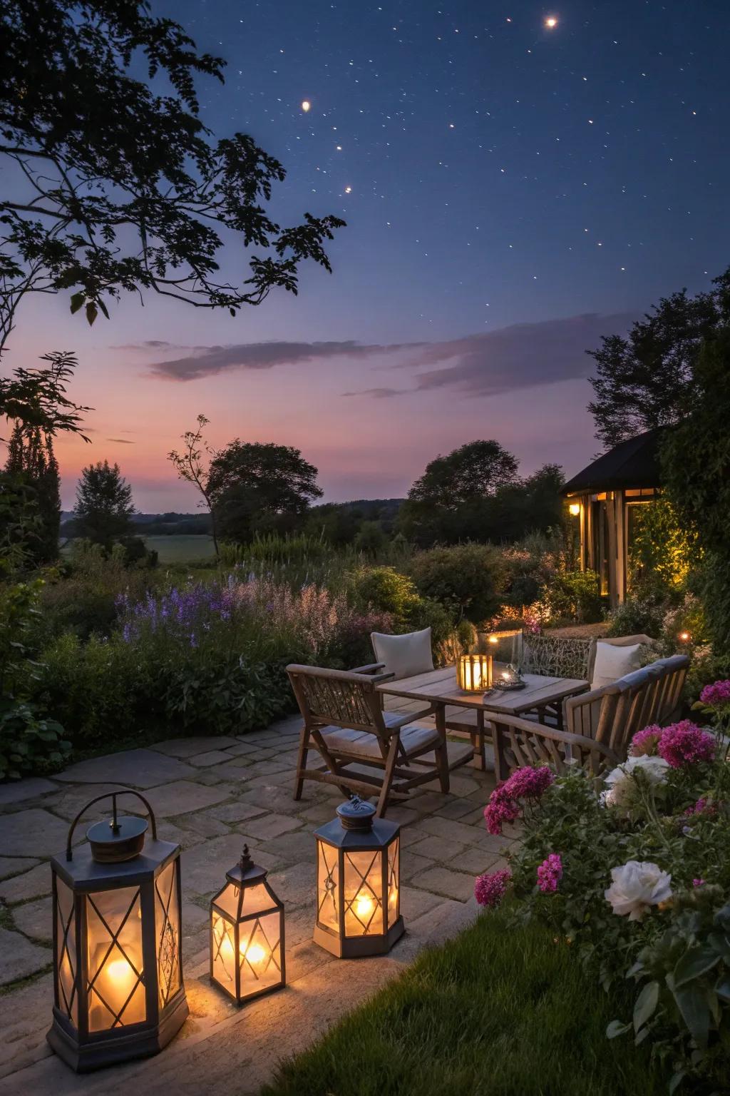 Lanterns create a warm and inviting evening atmosphere.