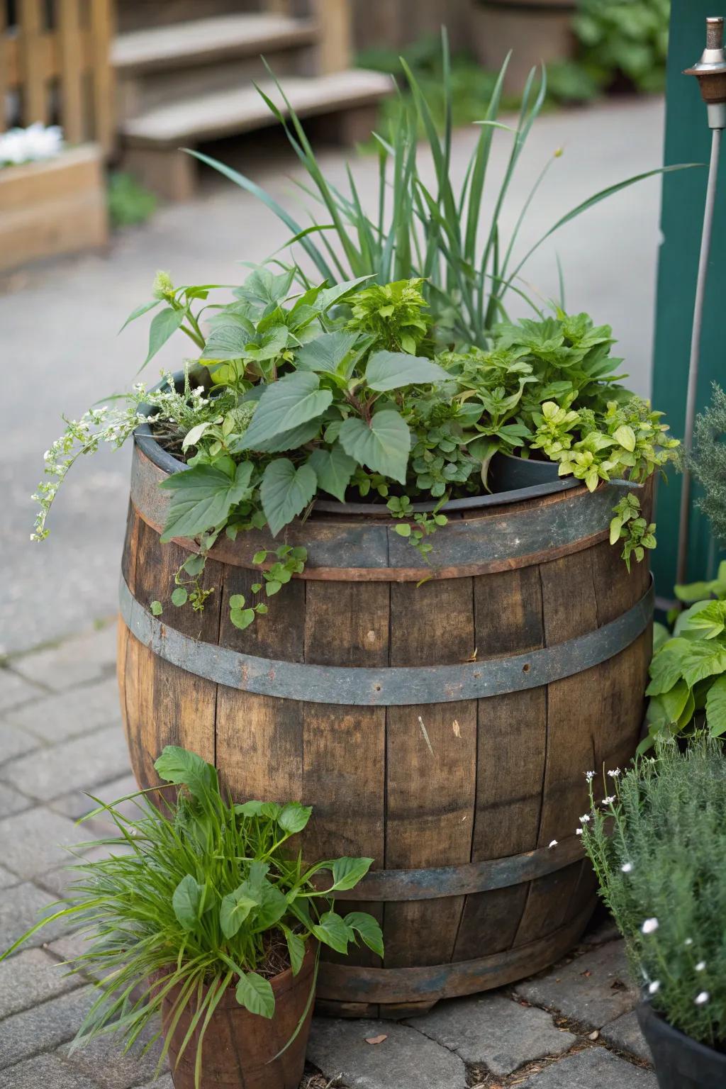 Combine creativity and sustainability with upcycled materials in a whiskey barrel.