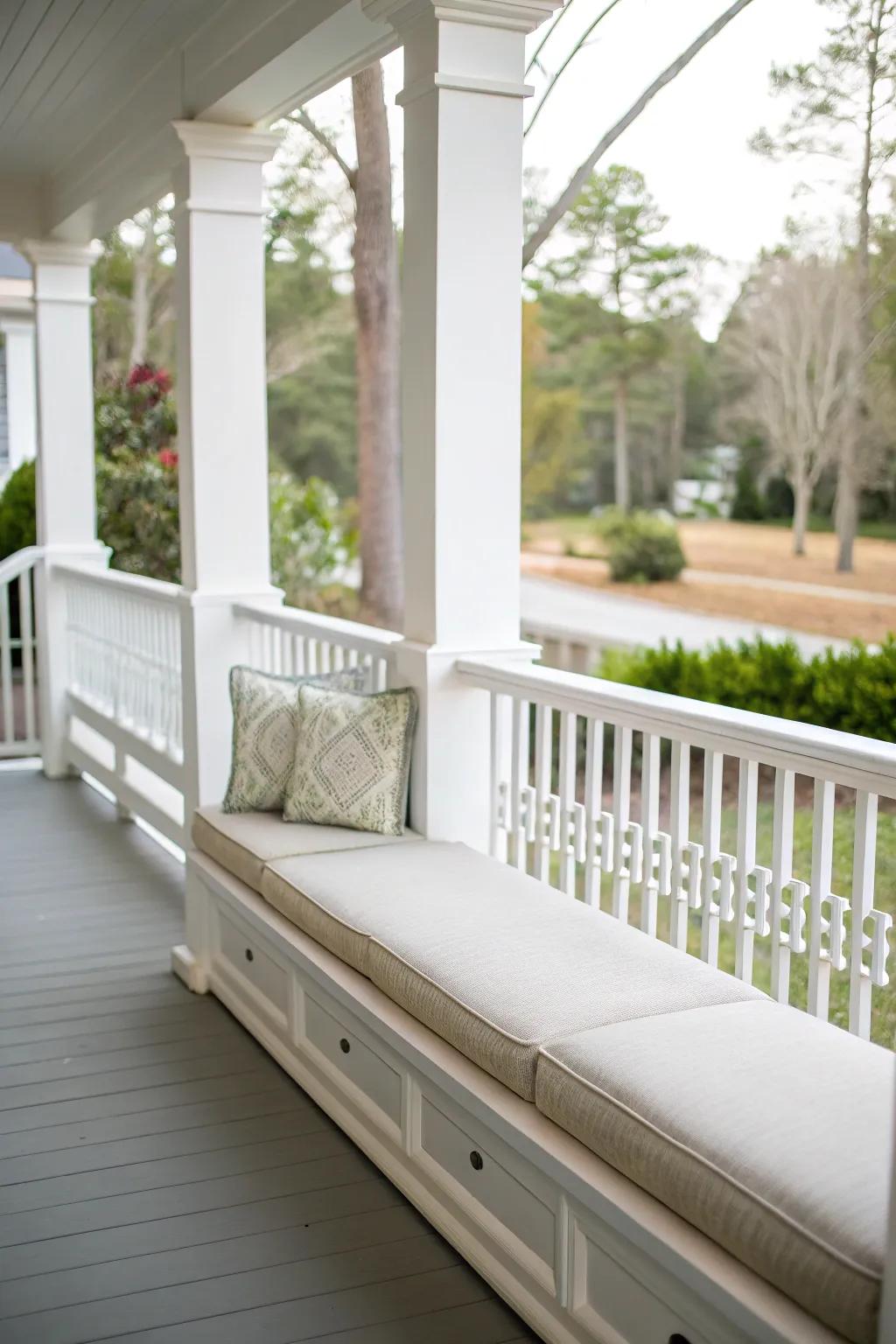 Integrated seating provides a cozy spot on the porch.