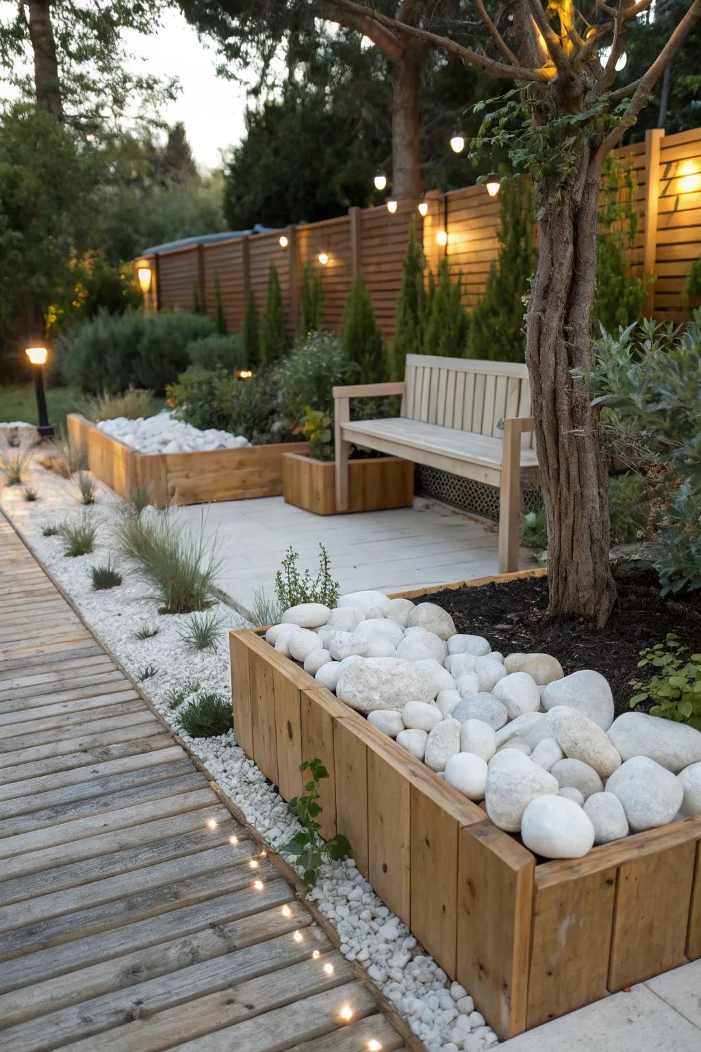 White rocks and wood create a harmonious garden aesthetic.