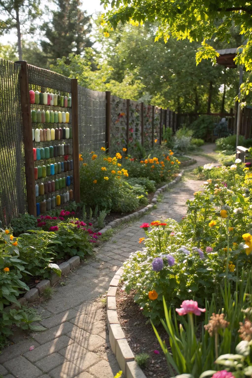 Upcycled bottle fences add creativity and color while providing wind protection.