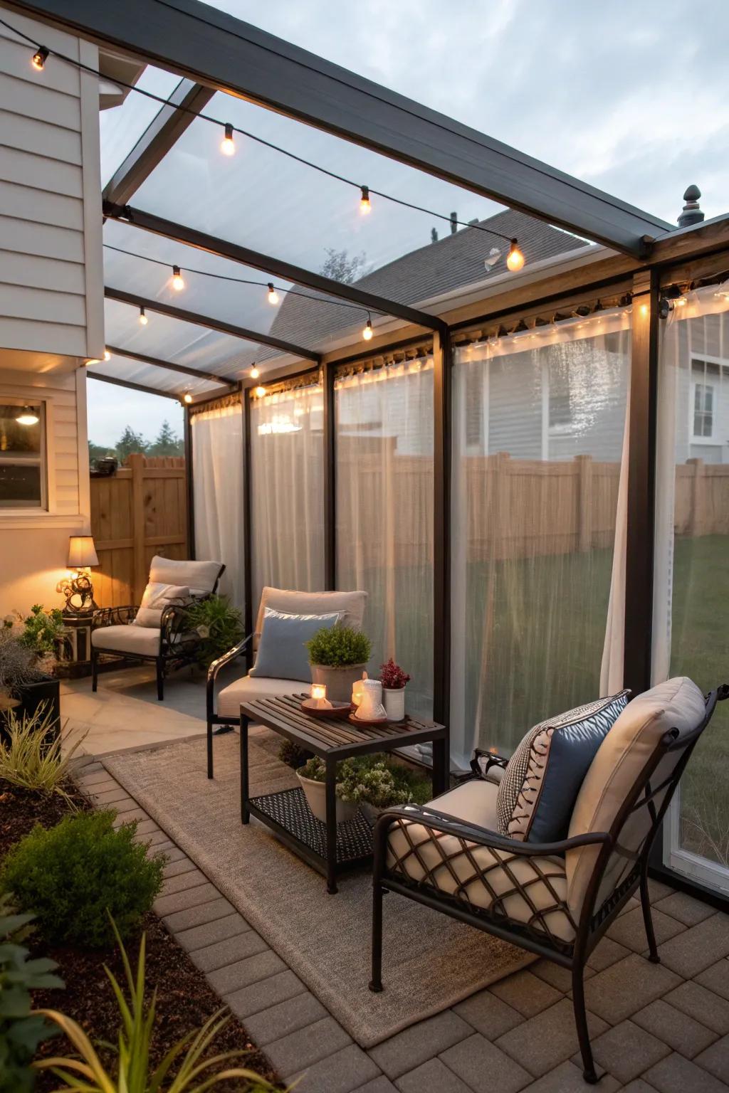 Vinyl enclosures provide a warm, sheltered space on windy days.