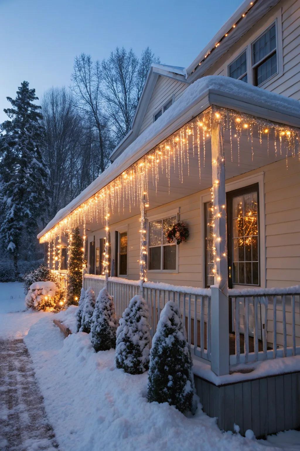 Magical icicle lights casting a warm glow on a snowy porch.