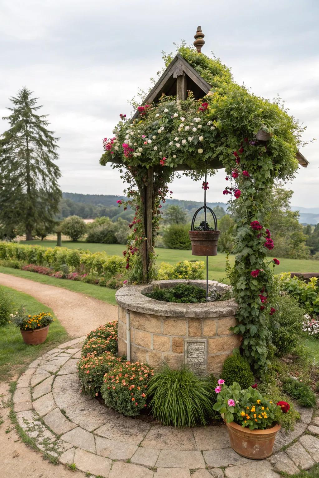 A surreal art installation featuring a wishing well as the focal point.