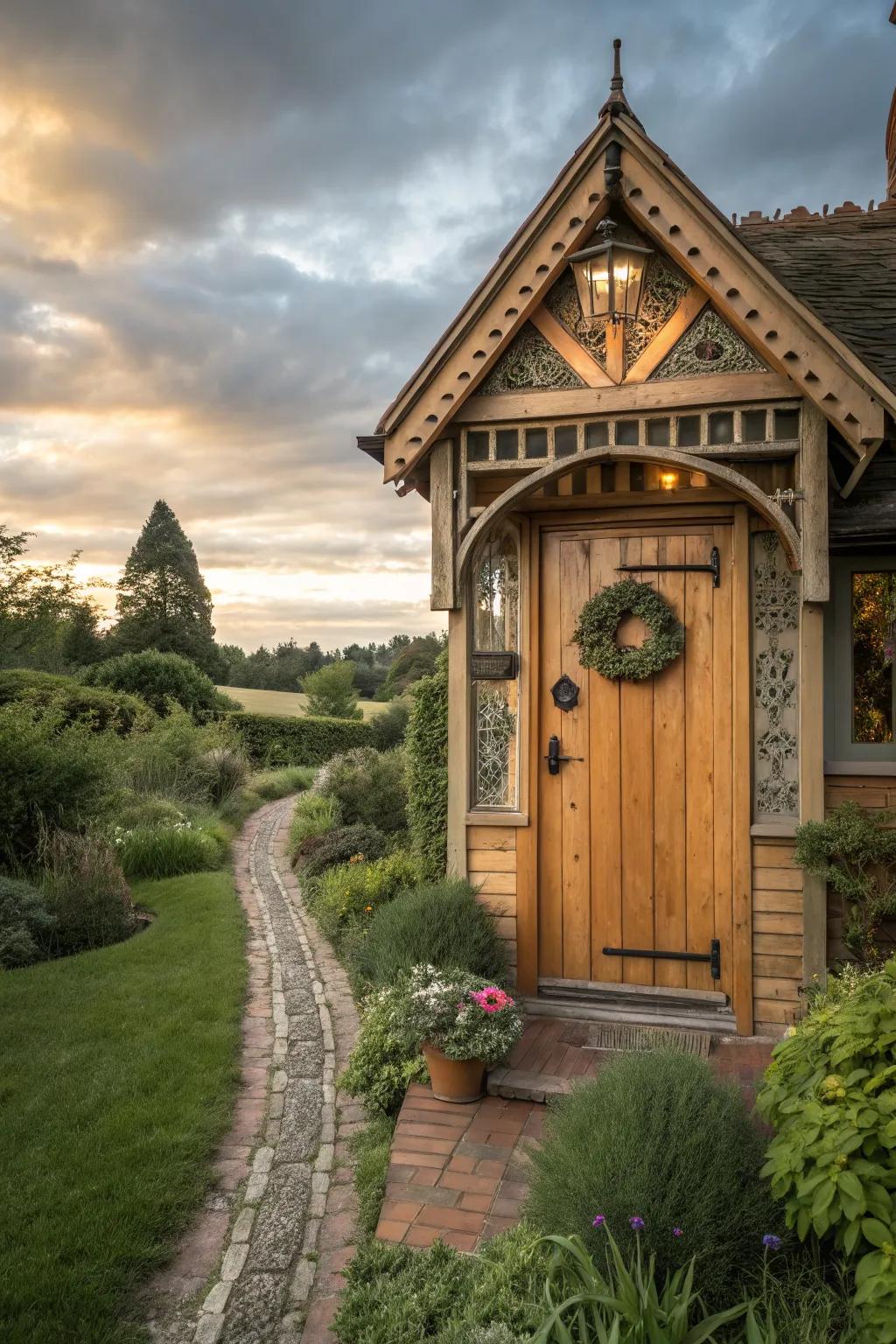 Cottage-inspired charm for a storybook wooden door.