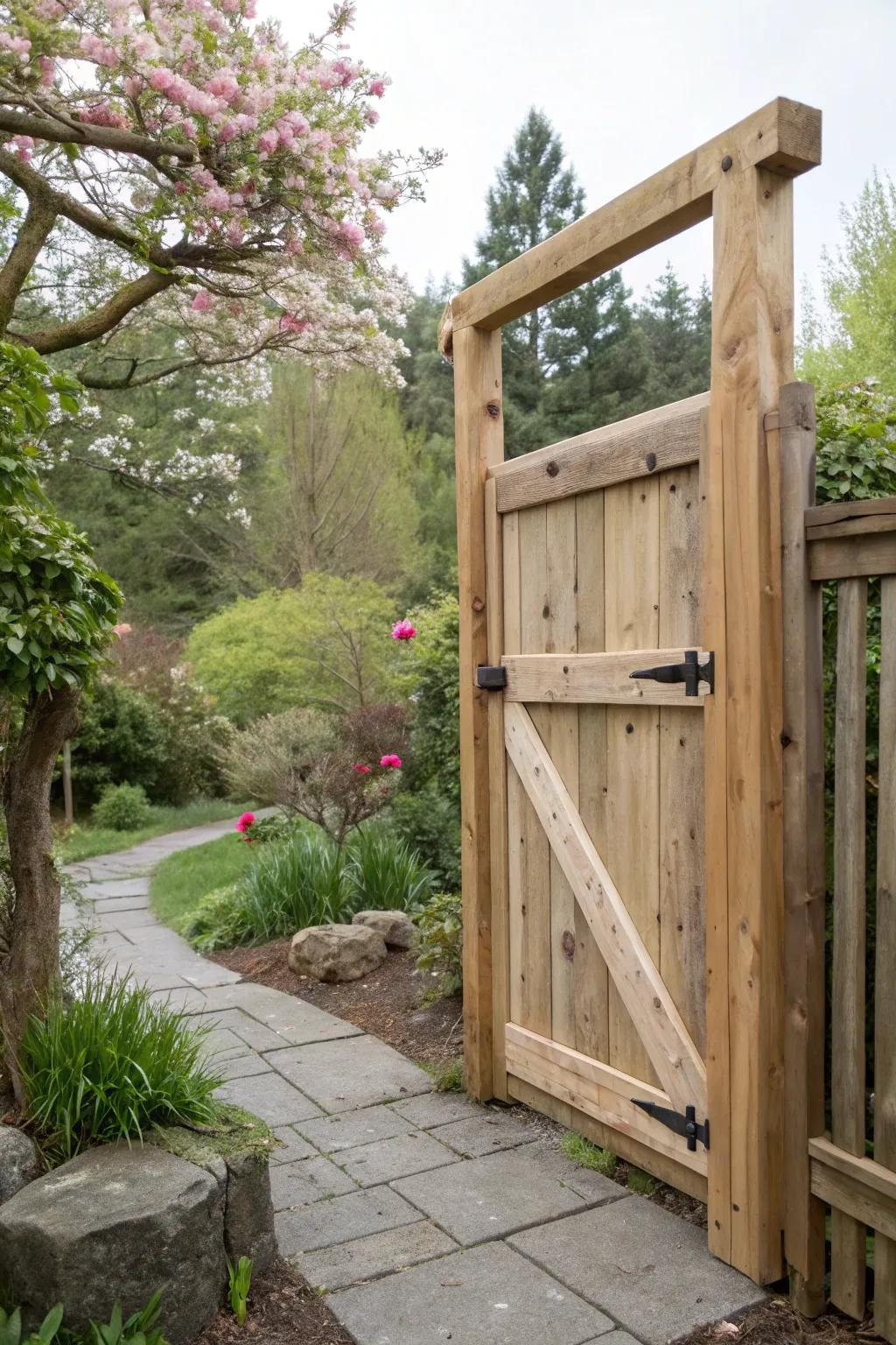 An unfinished wooden gate, highlighting the natural beauty of the wood.