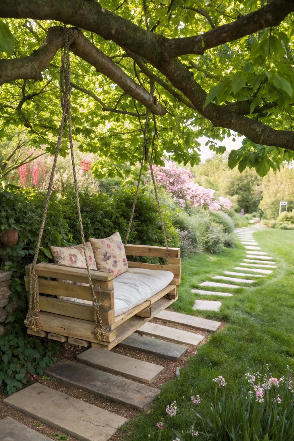 Swing into relaxation with a pallet garden swing.