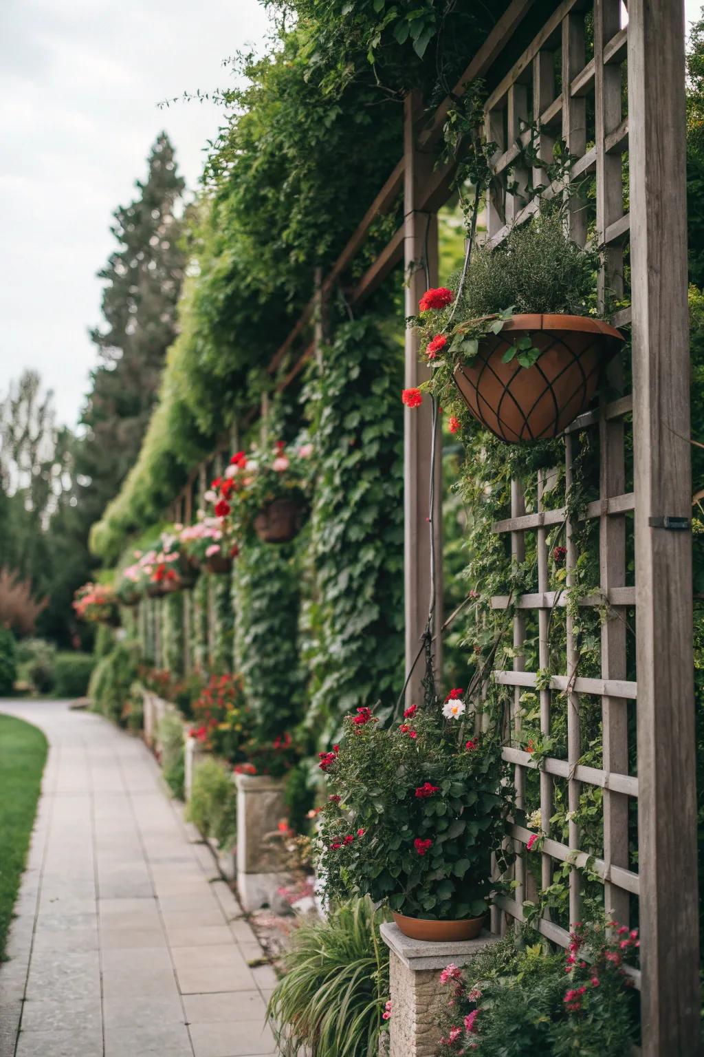 Vertical gardening with trellises adds layers and visual interest.