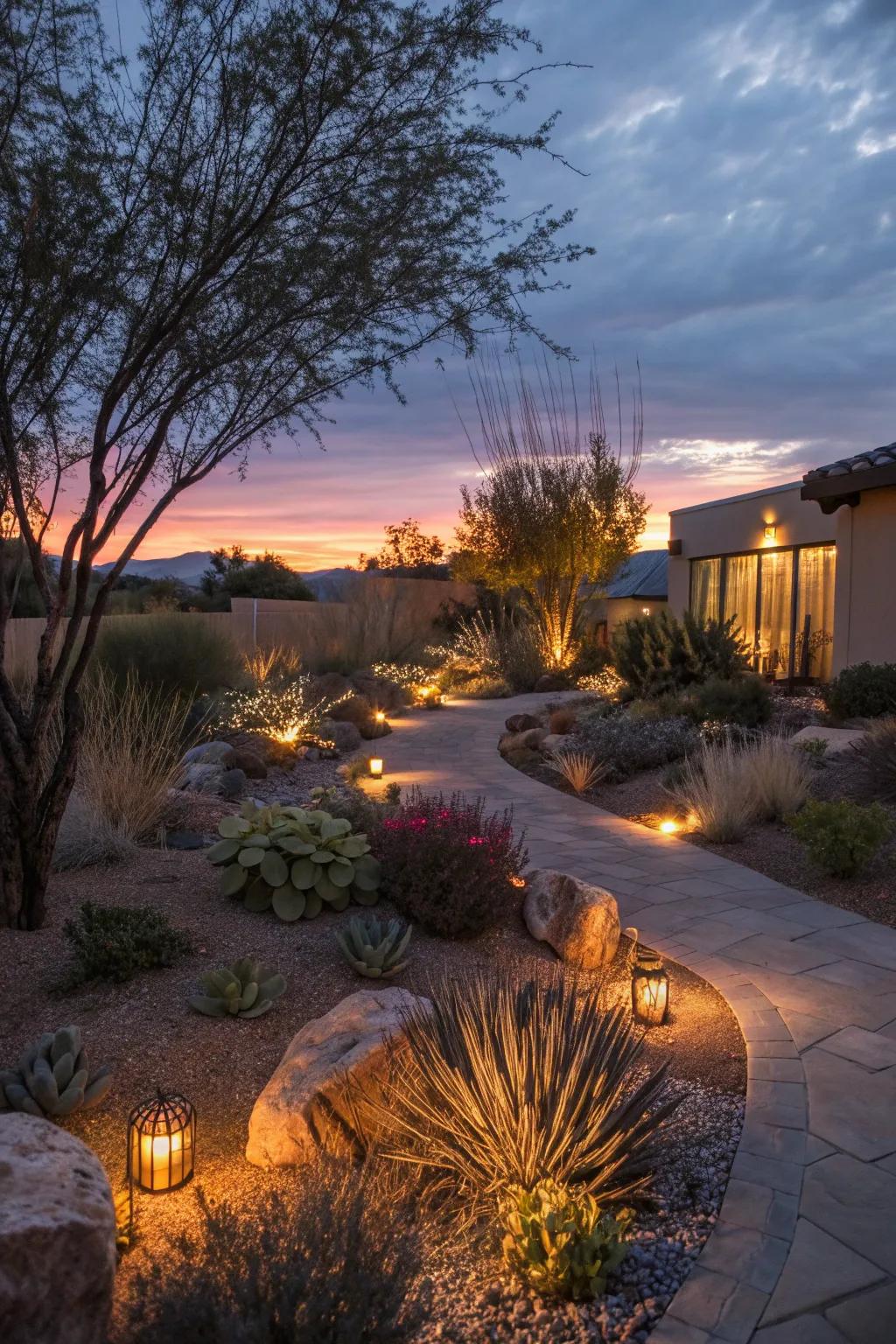Solar lighting enhances this xeriscape garden's evening ambiance.