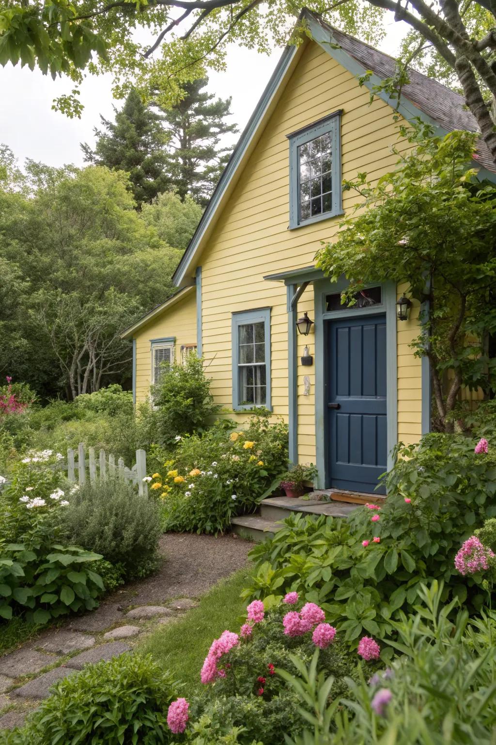 Slate blue doors offer a cool, calming contrast.