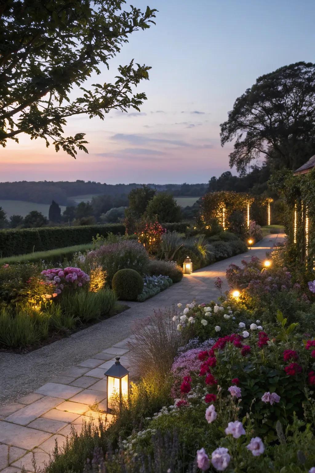 Outdoor lighting enhances garden features and evening usability.
