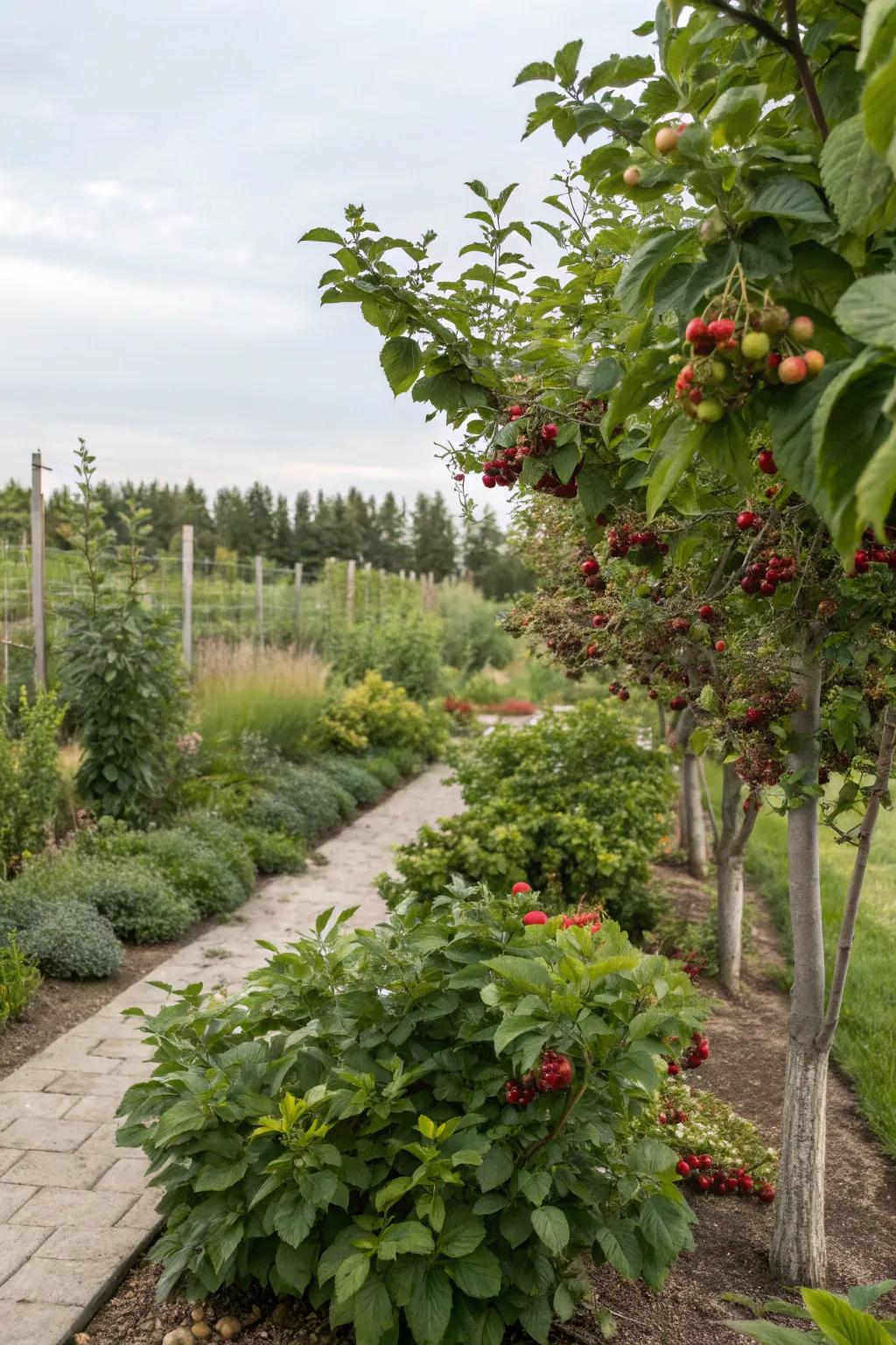 A delightful edible landscape in zone 8b with berries and fruit trees.