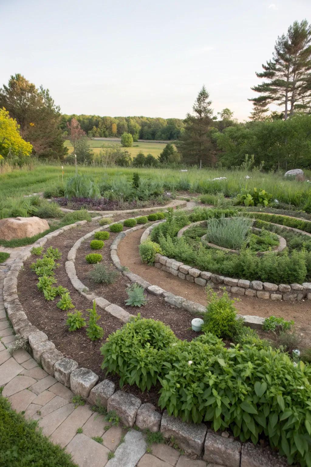 A space-efficient and intriguing herb spiral in a zone 9b garden.