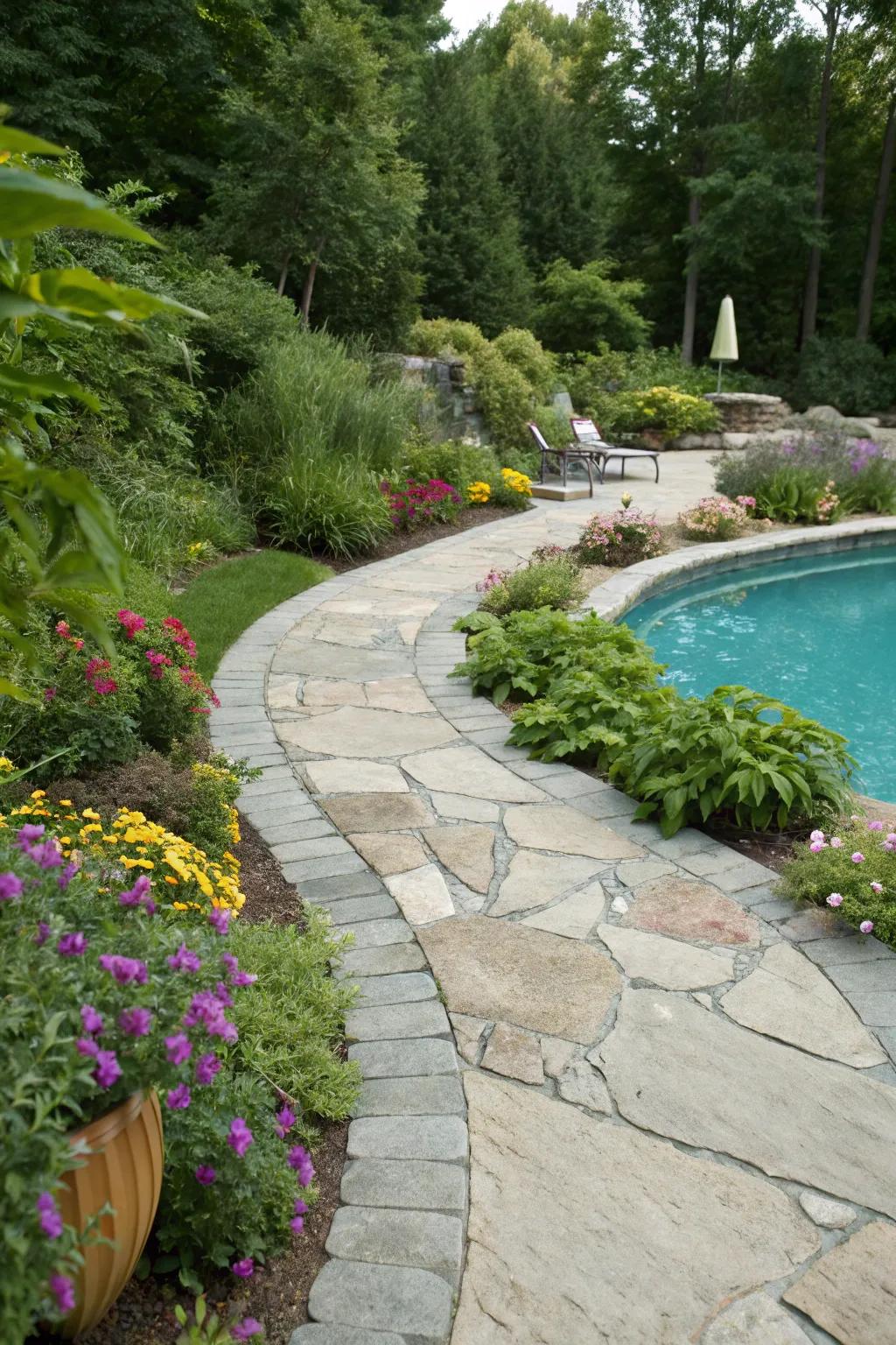 Charming stone pathways meandering through the backyard