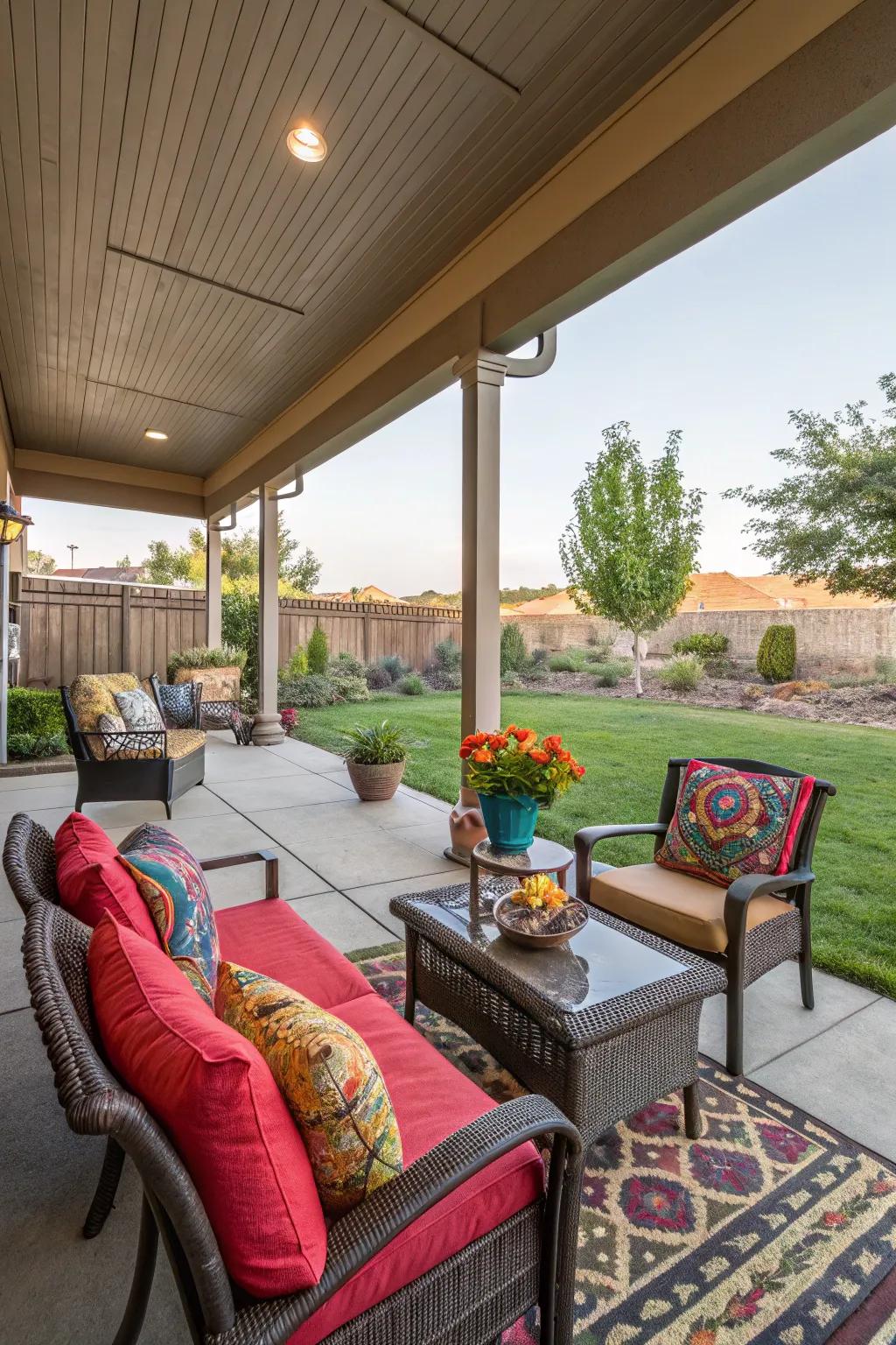 Create an inviting seating area with comfortable outdoor furniture.