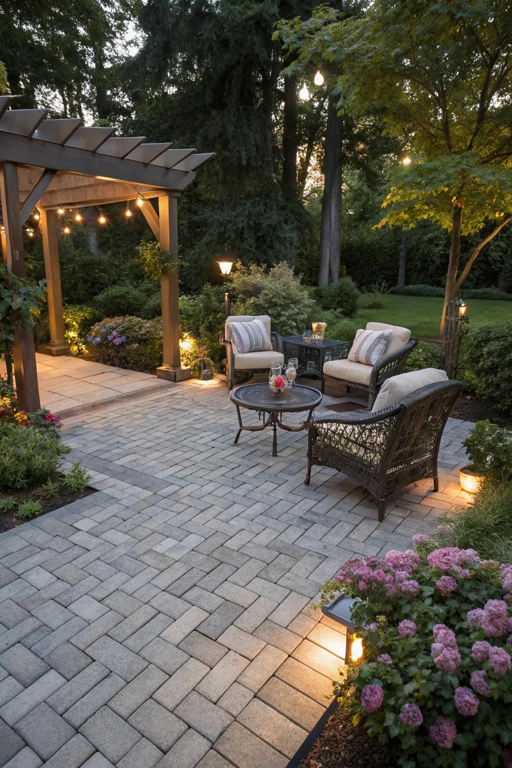 Herringbone paver pattern adding chic elegance to an outdoor space.