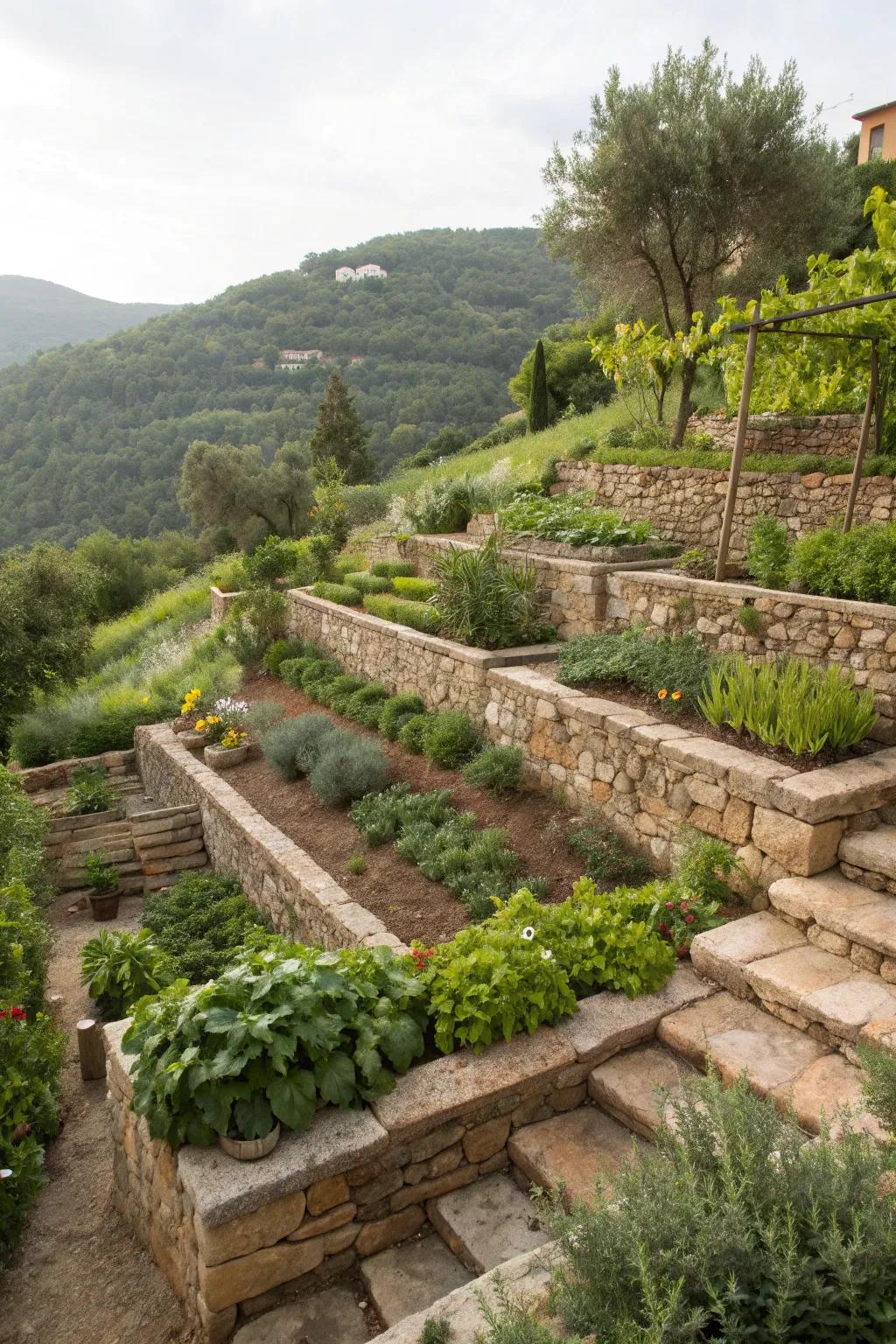 Terraced gardens create visual interest and maximize space.