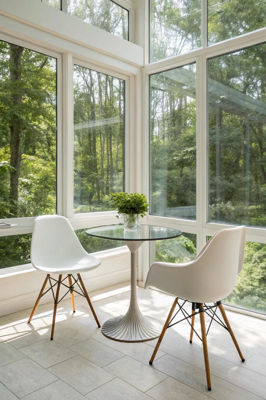 Modern minimalism with sleek chairs and a serene view.