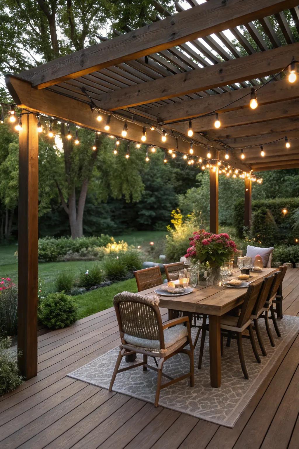An enchanting dining area on a 20x20 deck.