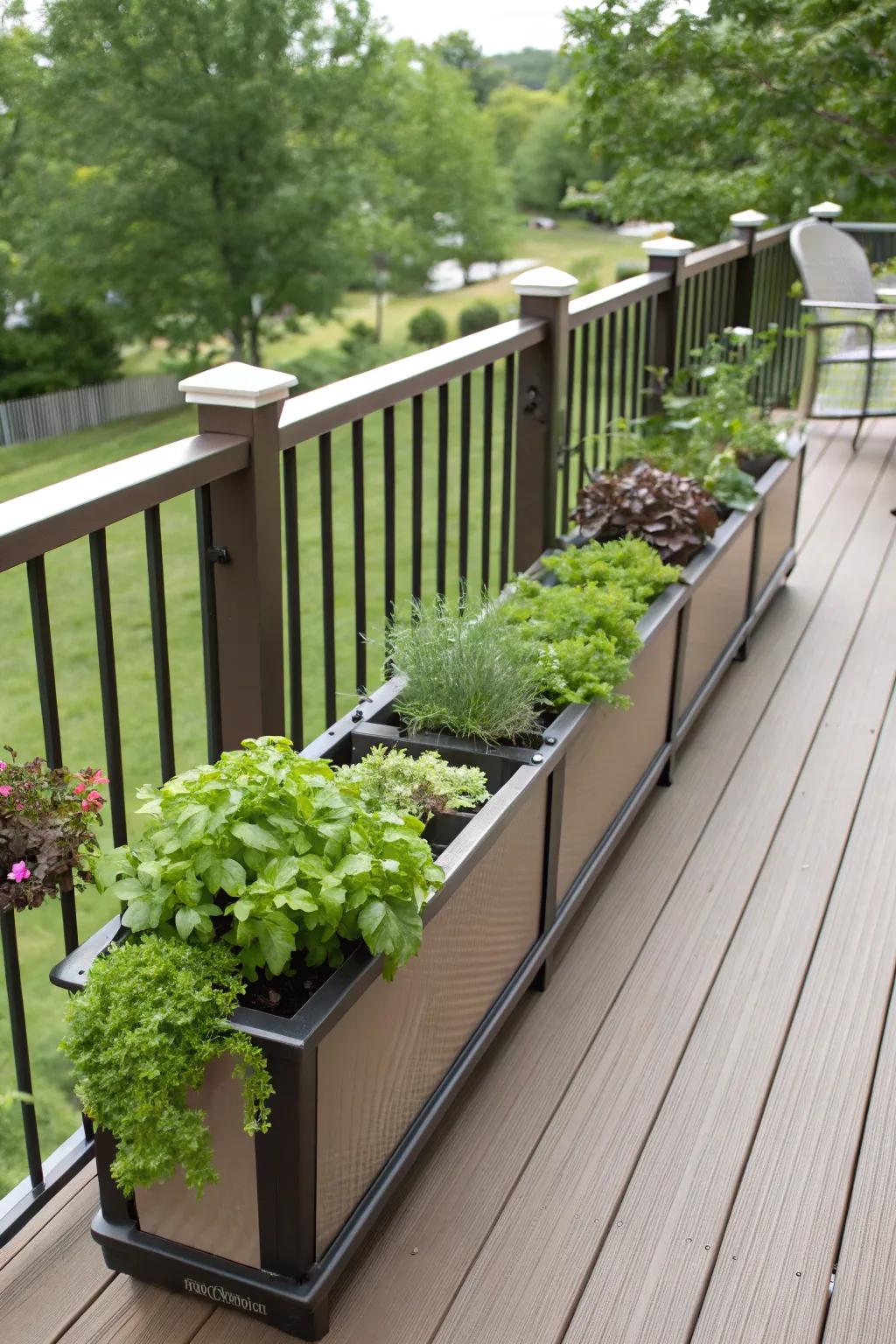 Planter boxes integrated into a 2x6 railing design add both beauty and utility.