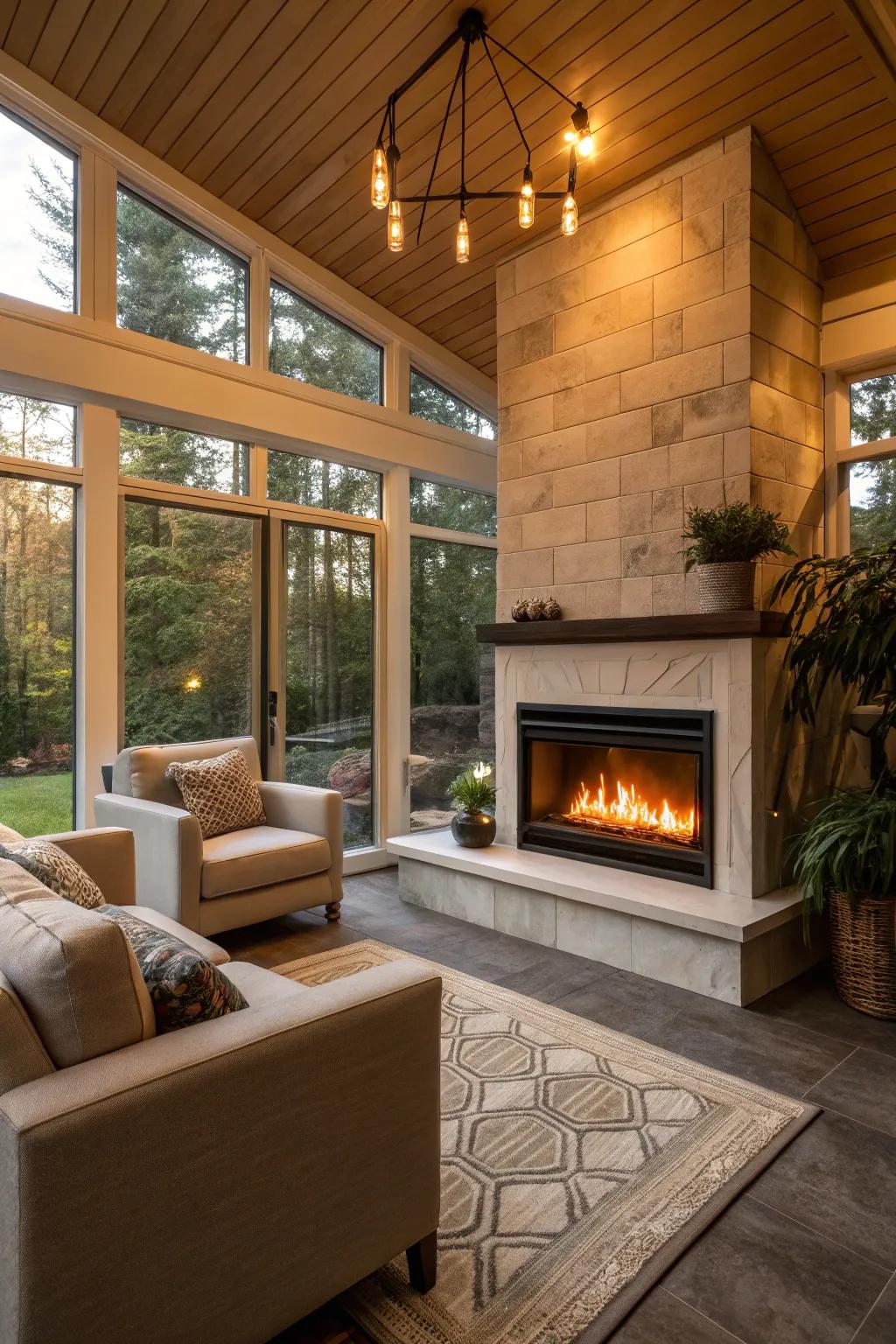 A warm and inviting fireplace serves as the room's centerpiece.