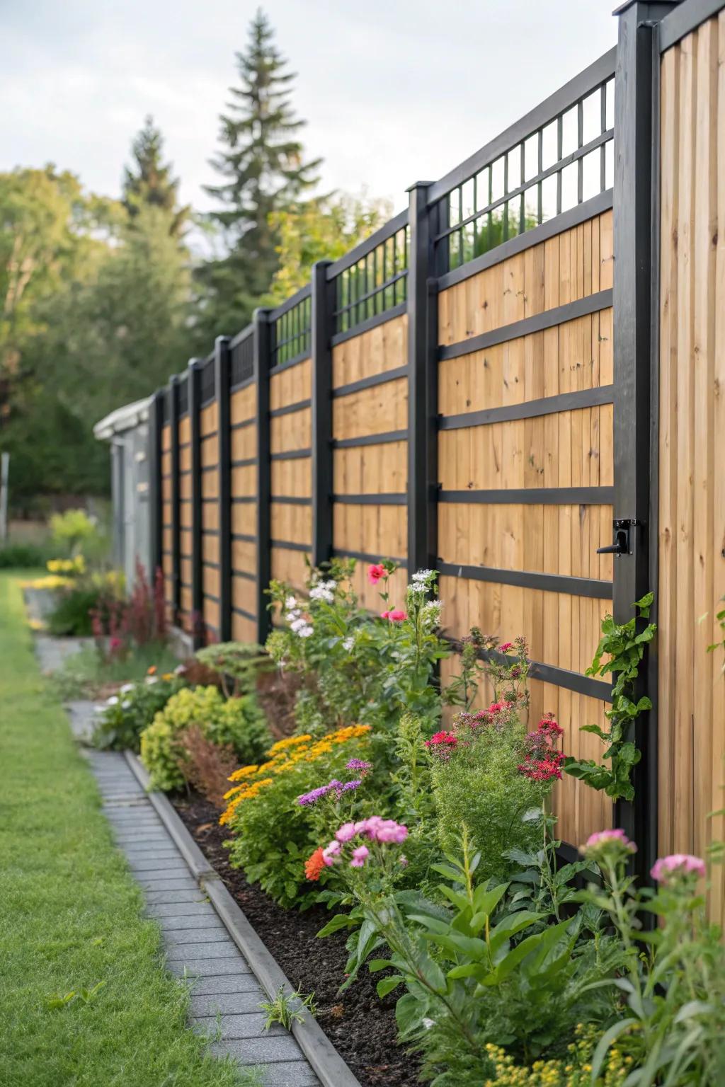 Add character to your garden with a mixed wood and metal fence.