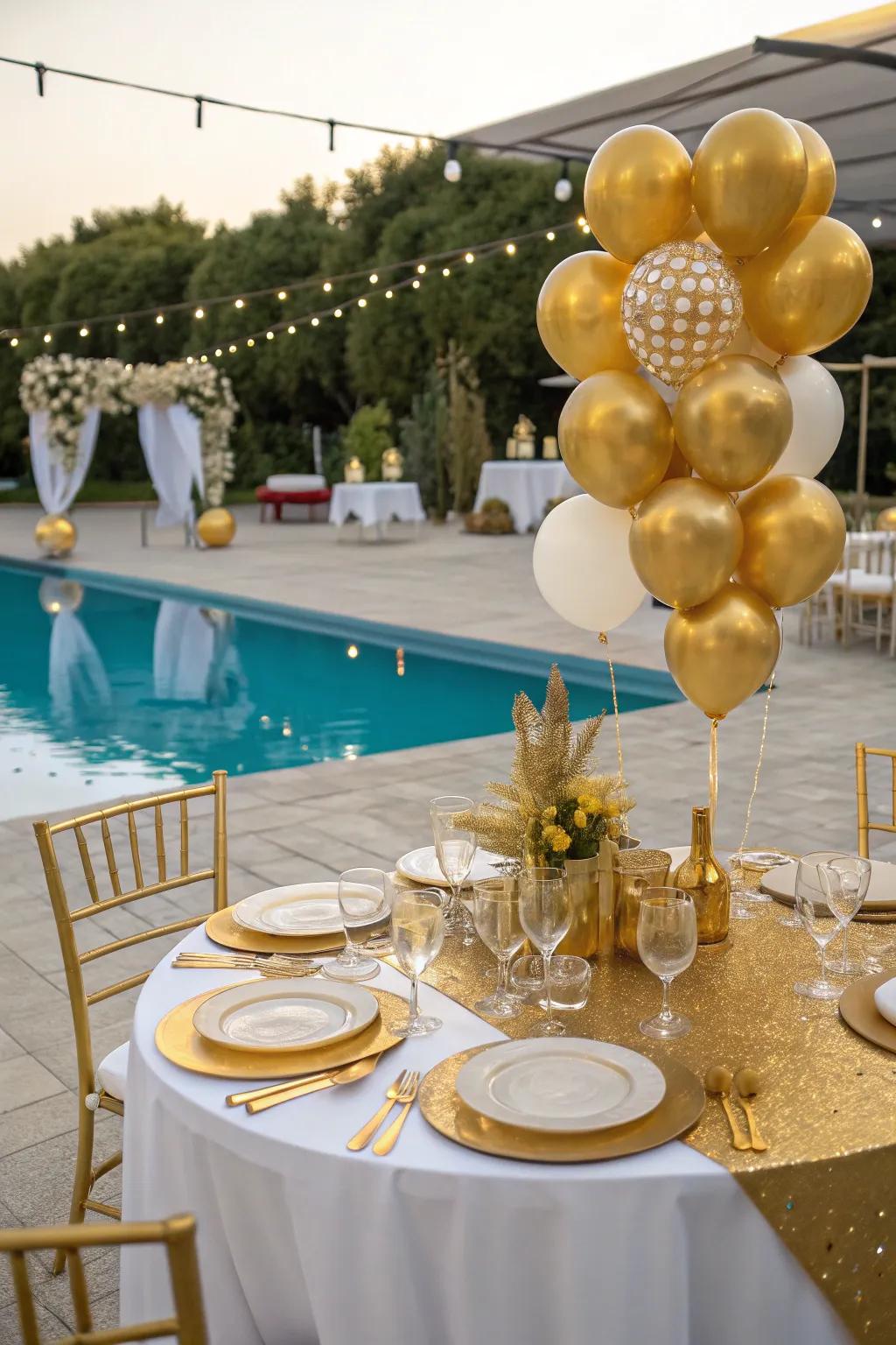 A golden jubilee-themed pool party with shimmering decorations.