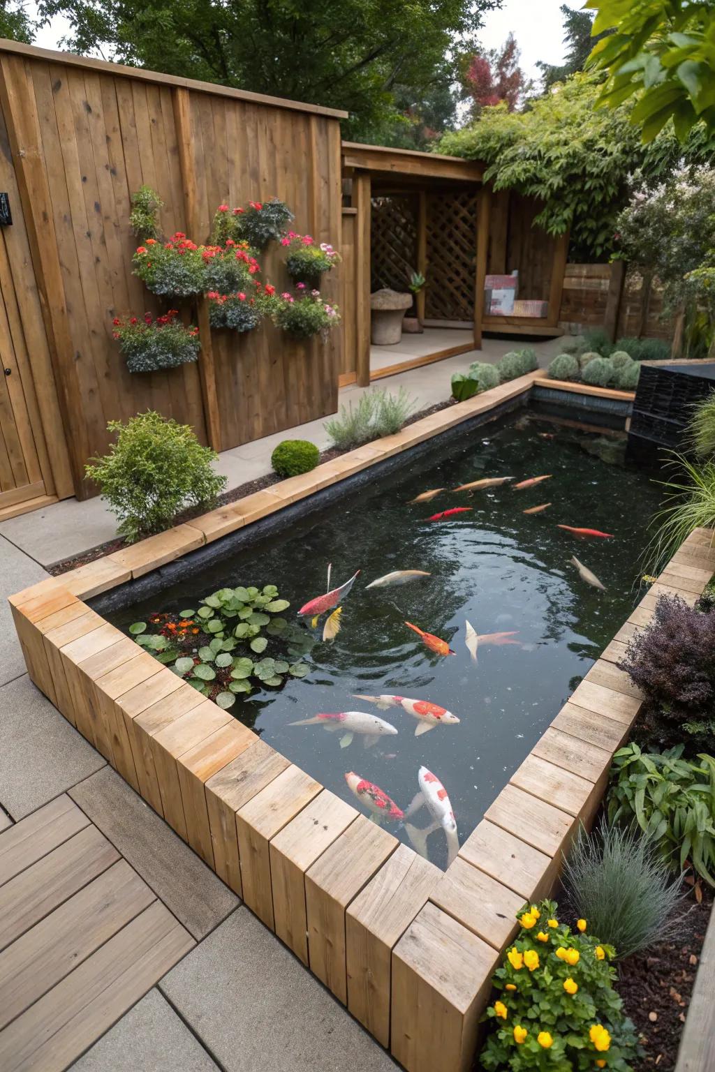 Wooden panels lend a cozy, rustic charm to any koi pond.