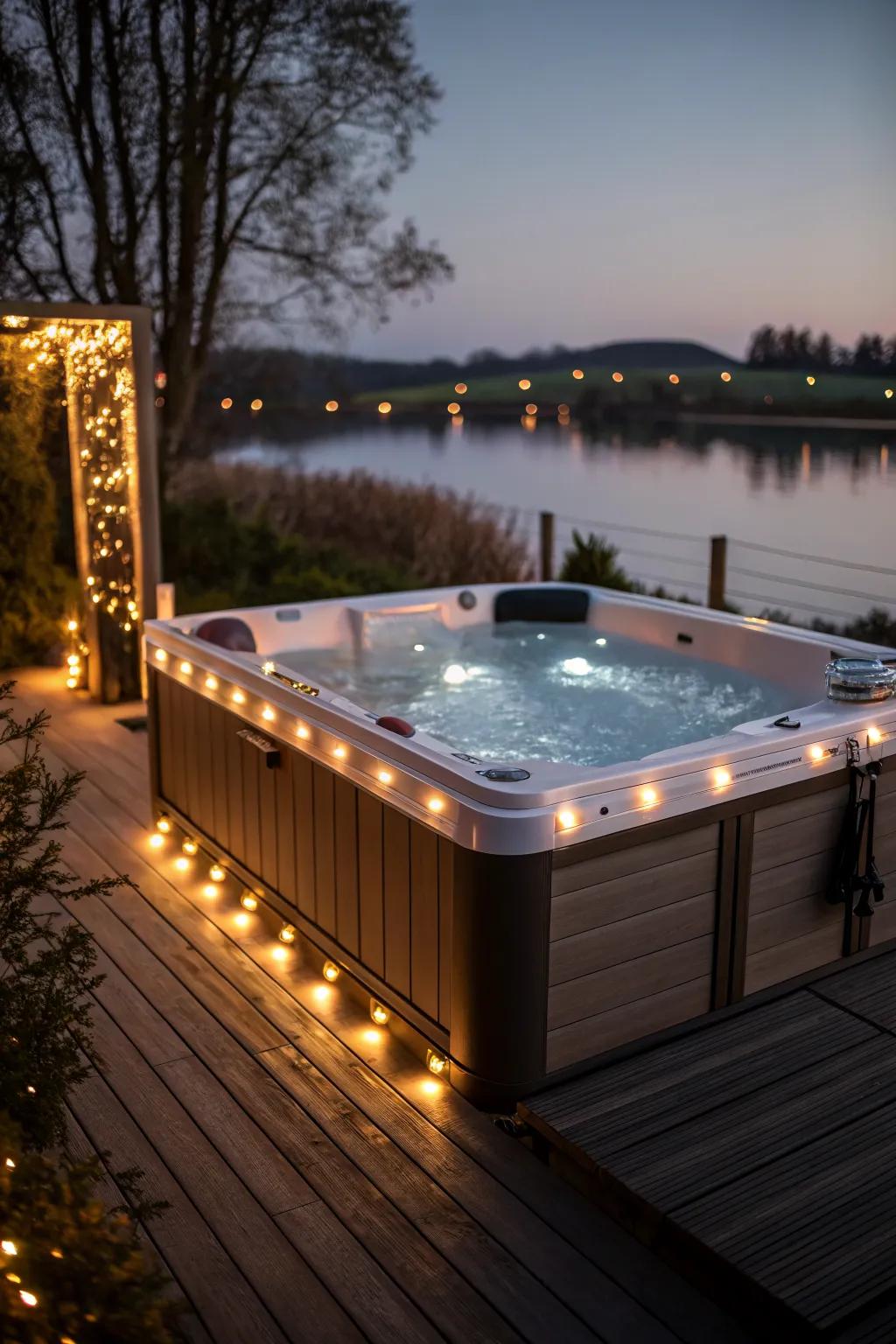 Integrated lighting creates a magical nighttime atmosphere around your swim spa.