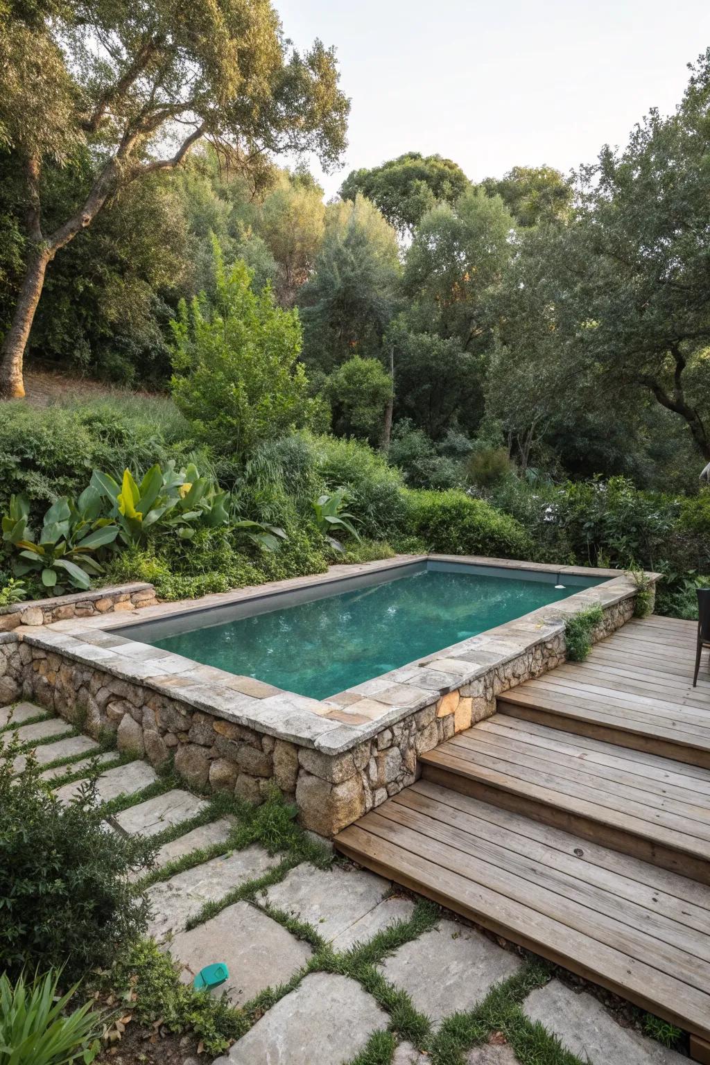 A pool area that harmonizes with nature using stone and wood.