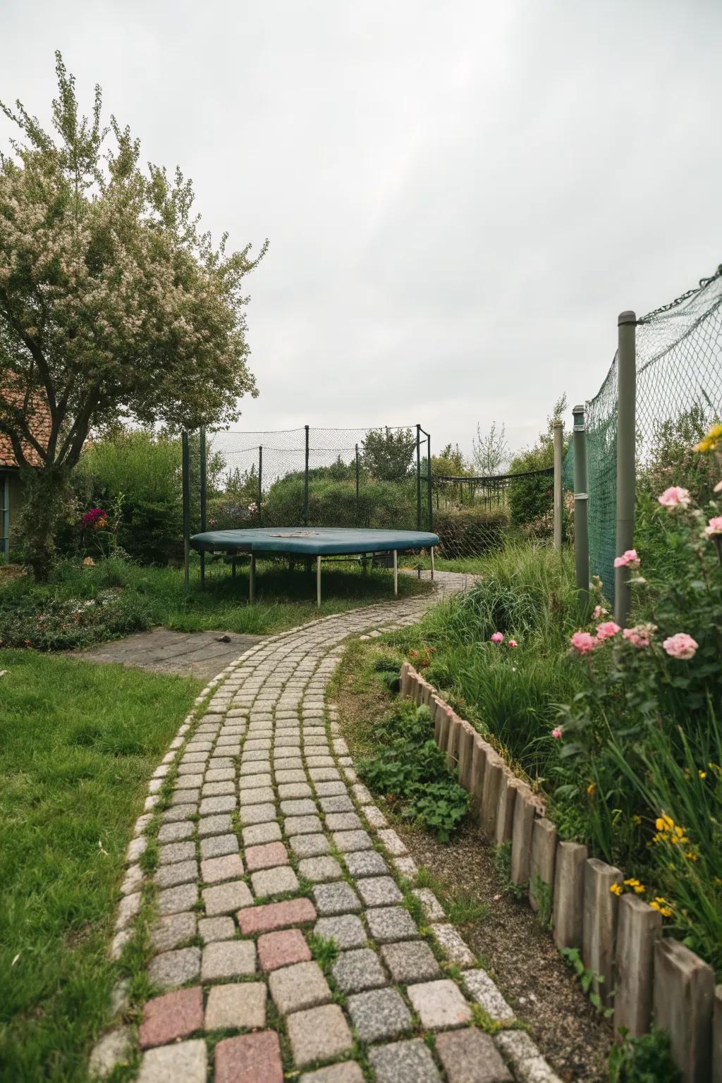 A stone pathway adds charm and accessibility to your trampoline area.