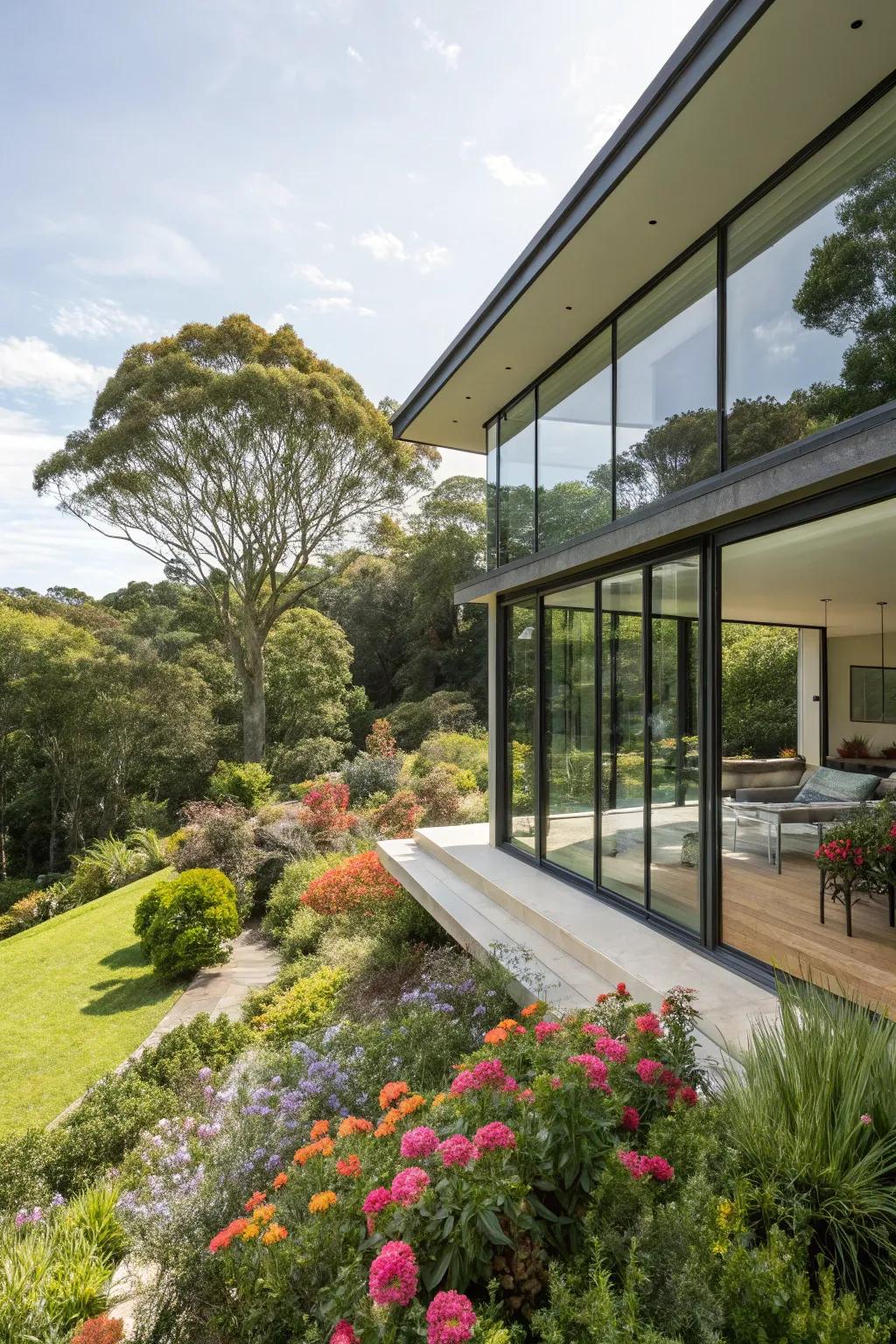 A modern home with large windows seamlessly integrates with its lush Australian garden setting.