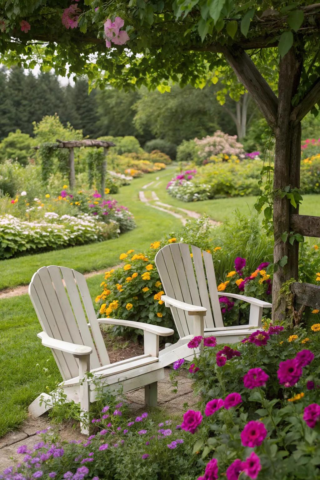 Find solace in a garden hideaway with Adirondack chairs.