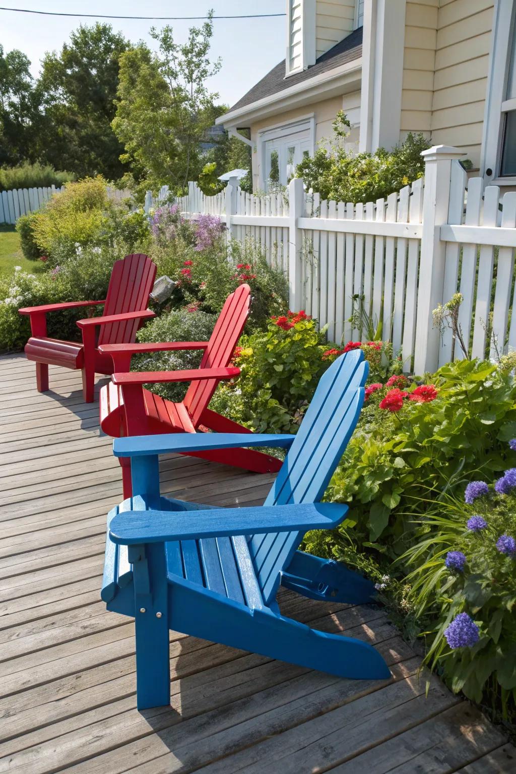 Vibrant Adirondack chairs add a cheerful touch to any patio.