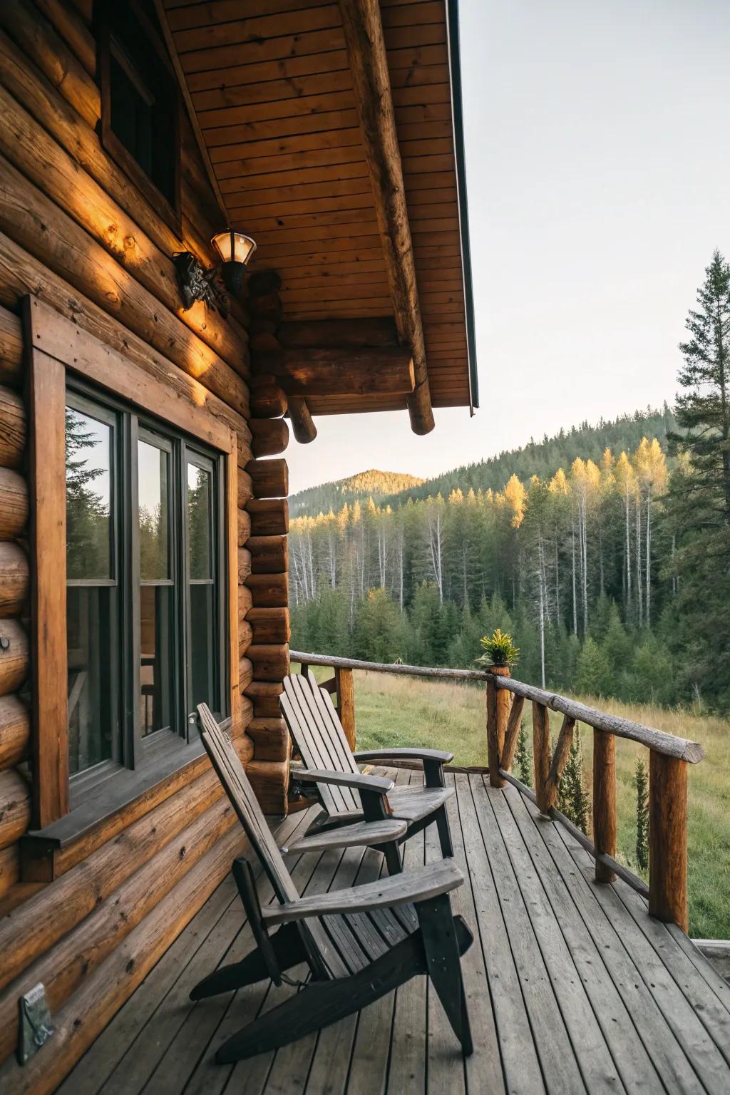 Adirondack chairs enhance the rustic charm of a log cabin.