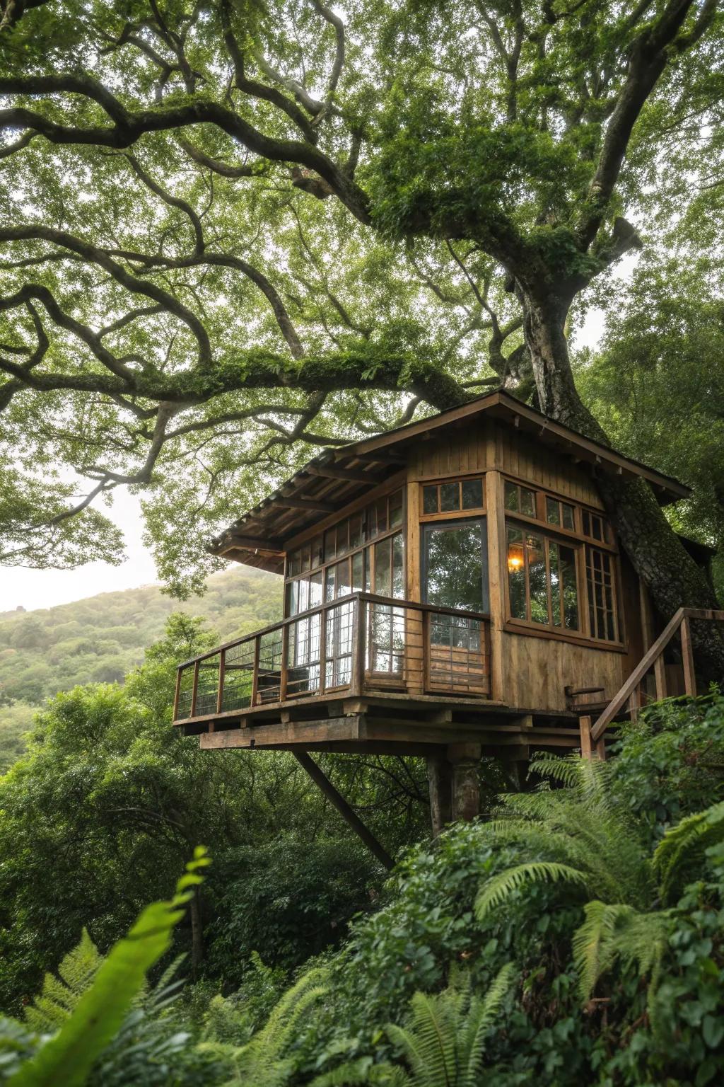 A nature-integrated treehouse offering breathtaking views.
