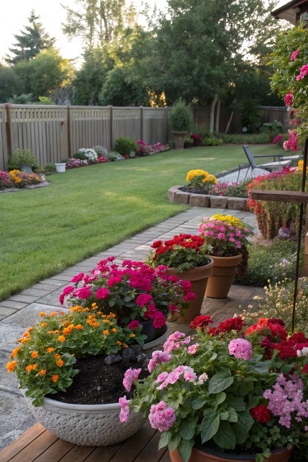 Vibrant garden with an array of colorful flowers and lush greenery.