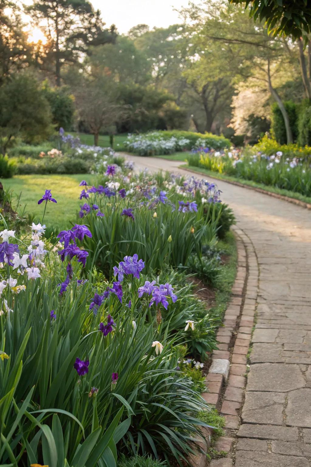 African irises make for striking pathway borders that invite exploration.