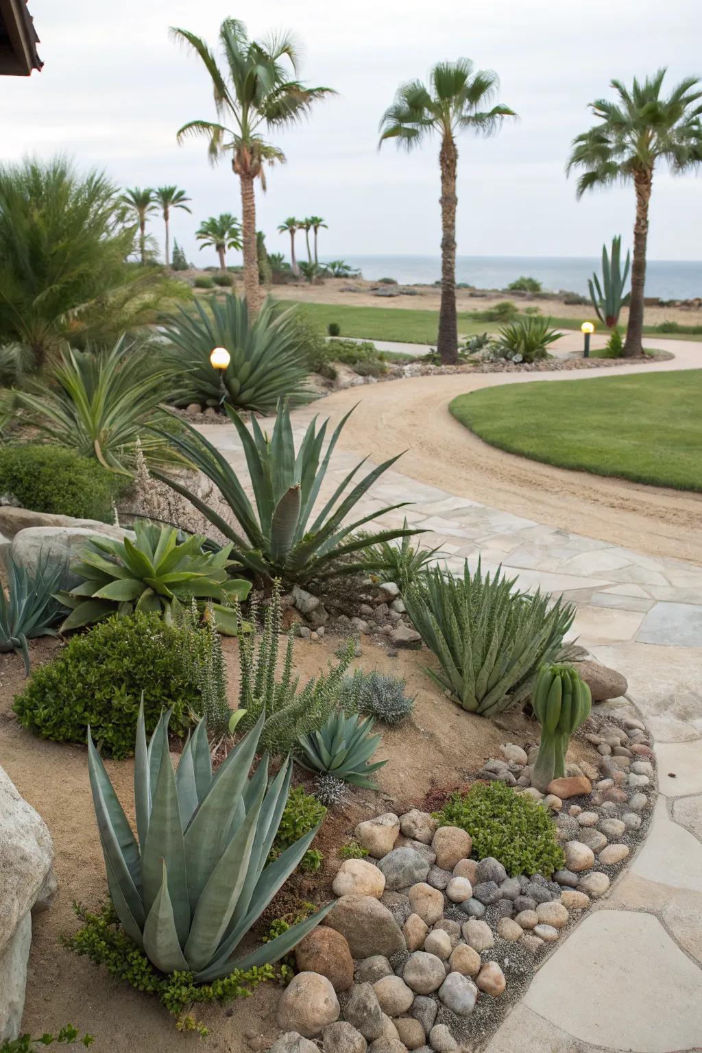 A lush desert garden with mixed succulent plantings.