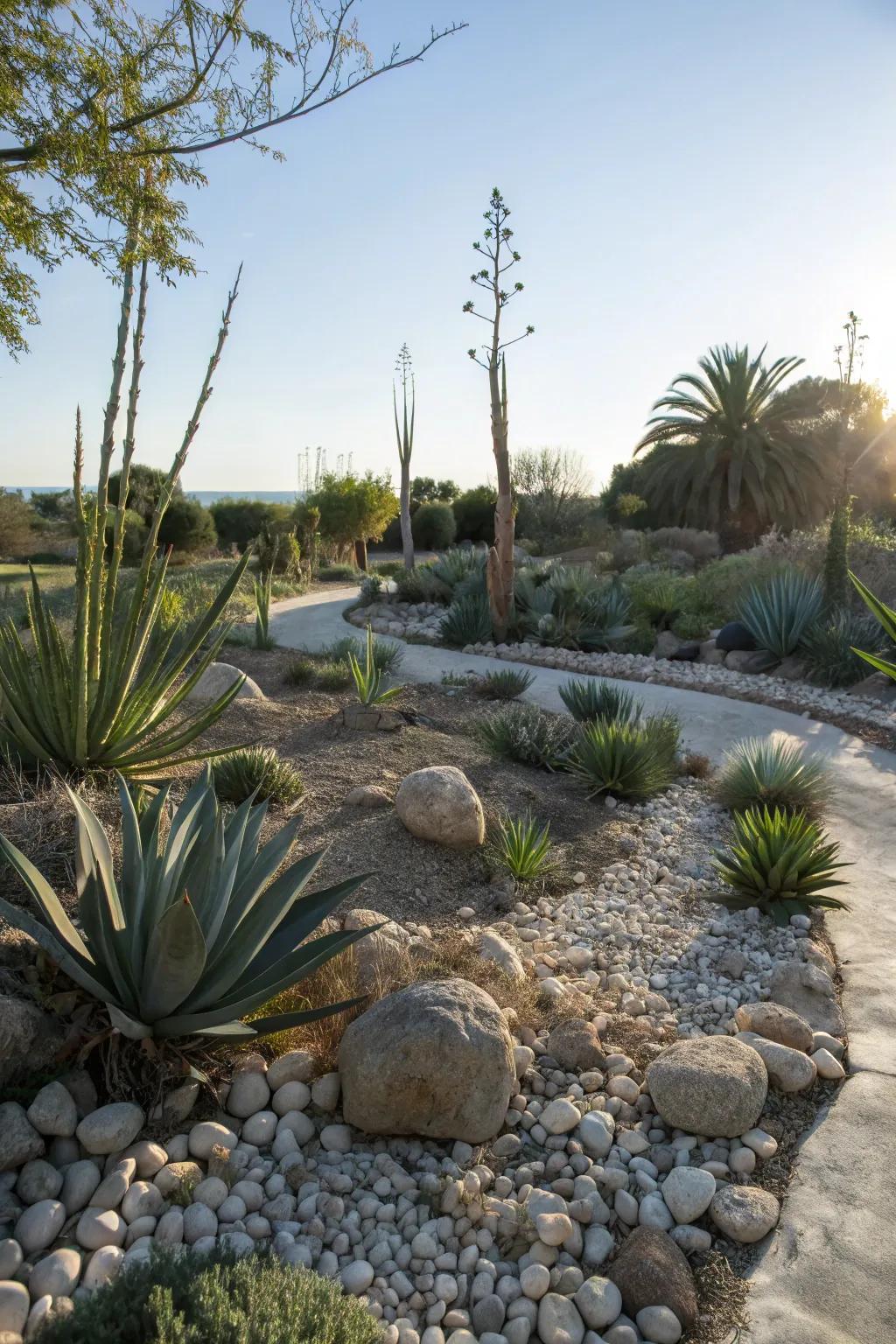 Elegant rock garden featuring agaves and pebbles.