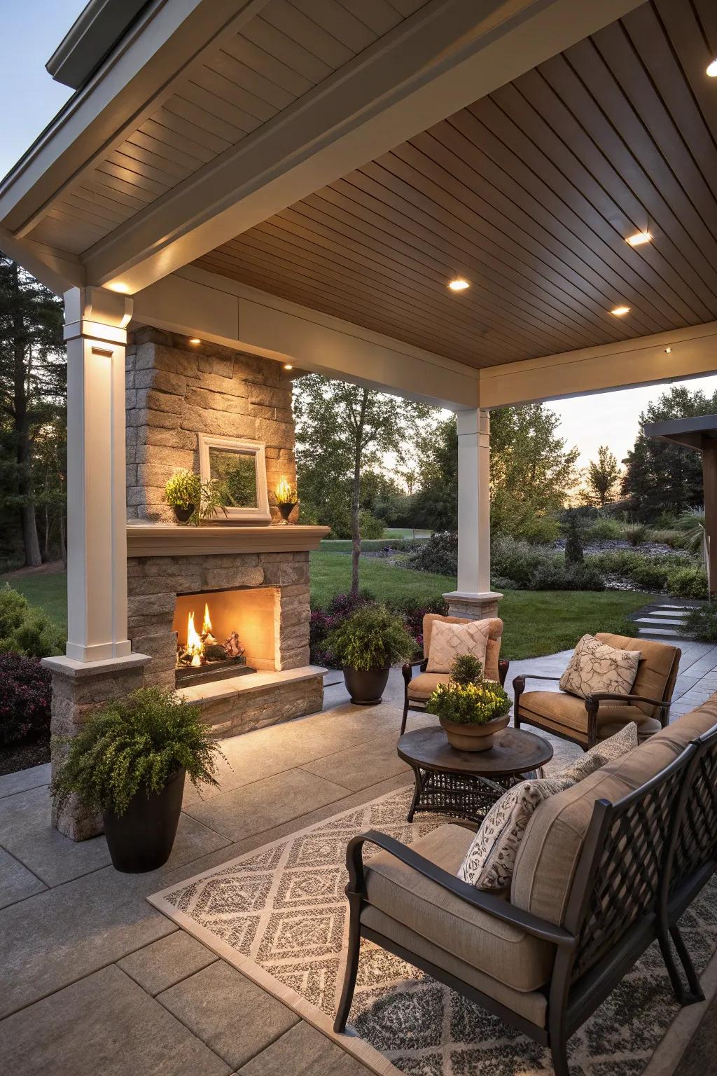 A fireplace adds warmth and ambiance to your all-season porch.