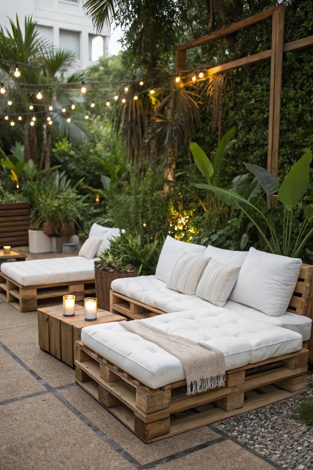 Create a cozy and inviting lounge area with white cushions and soft throws.