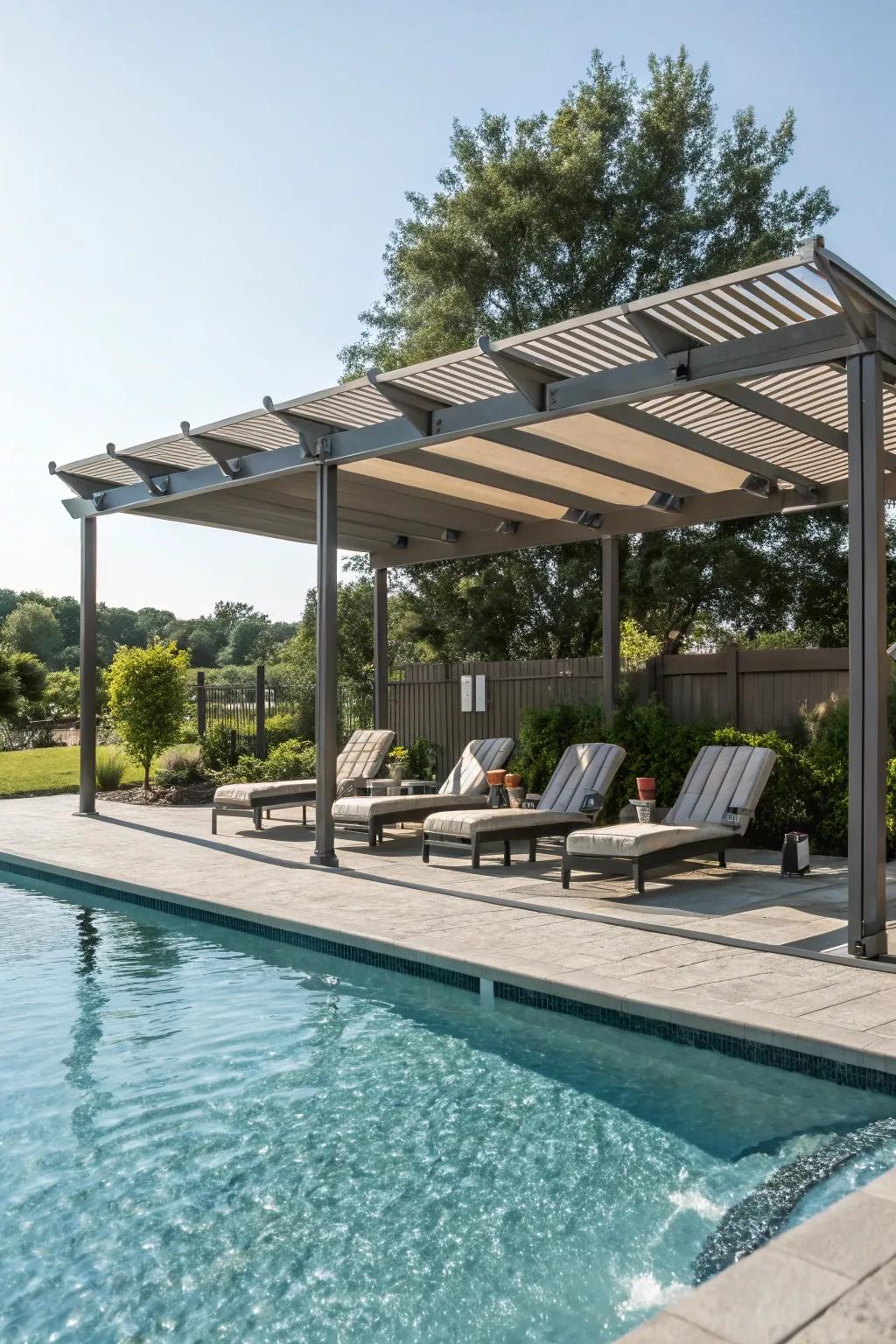 A luxurious poolside aluminum pergola offering shade and style.